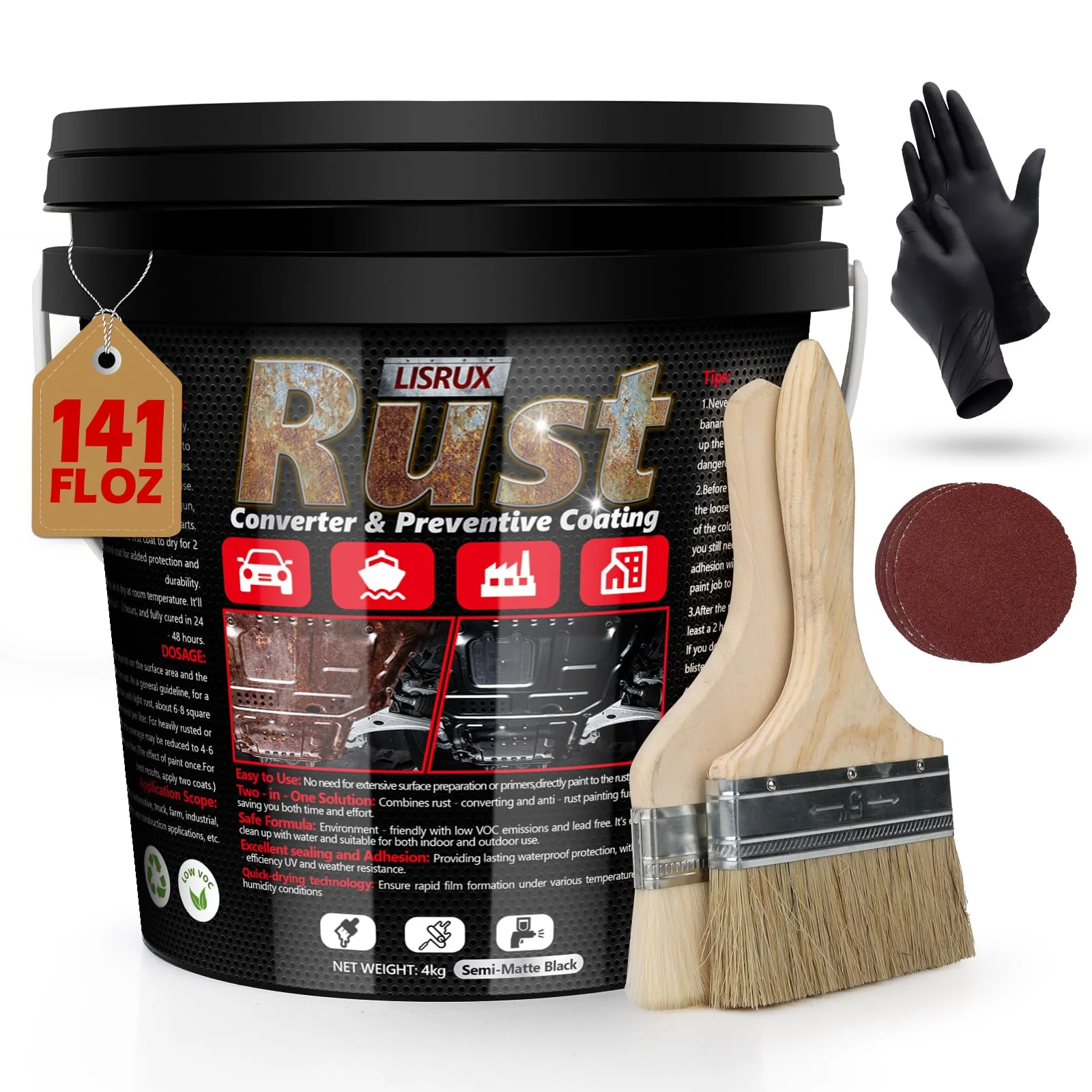 Rust Converter & Metal Primer, 141 Fl Oz Black Rust Inhibitor Paint for Metal, Automotive Rust Reformer, Industrial Grade Wat product photo, view 2 of 7