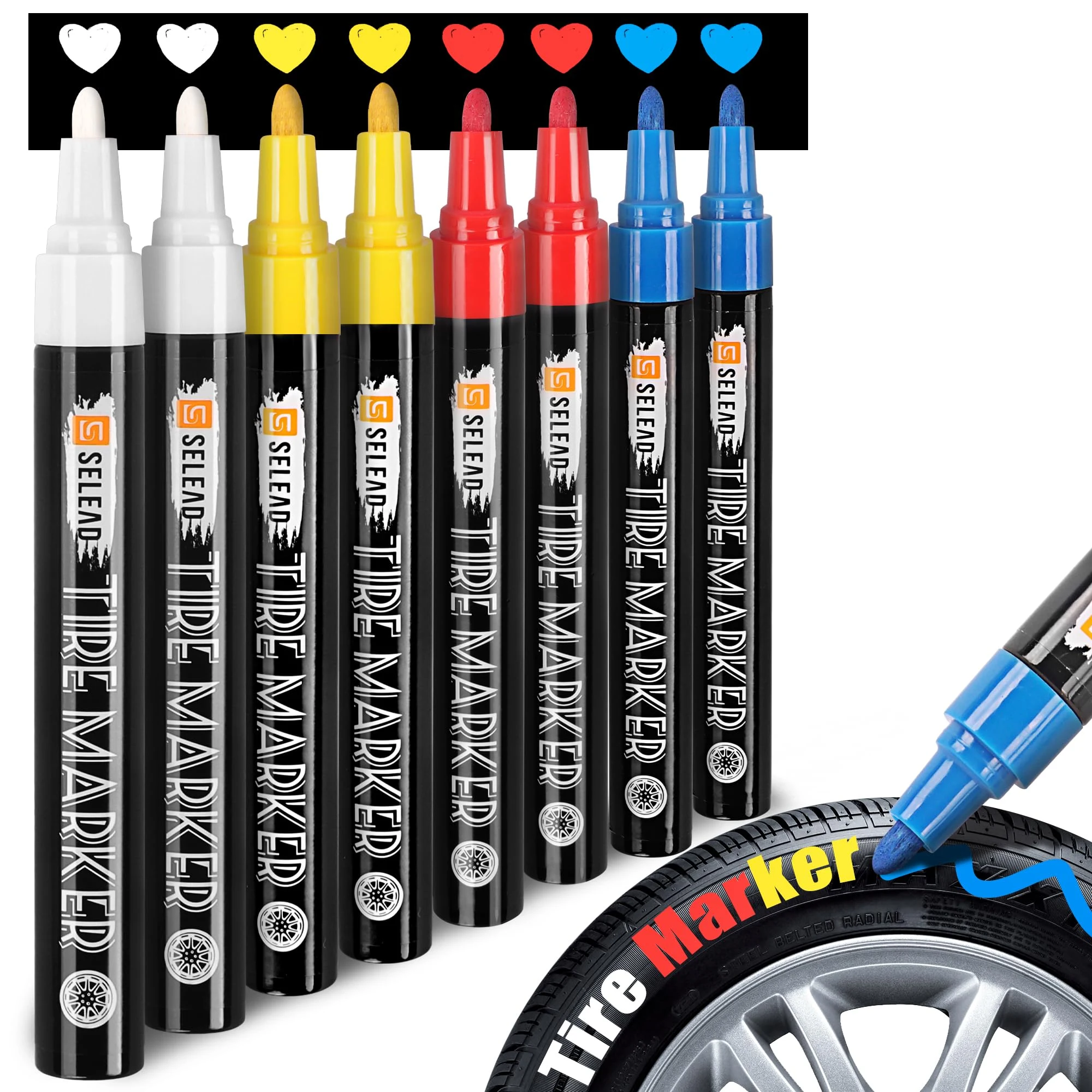 SELEAD Tire Marker White Red Yellow Blue for Car Tires Lettering, 8 Pack product photo, view 2 of 8