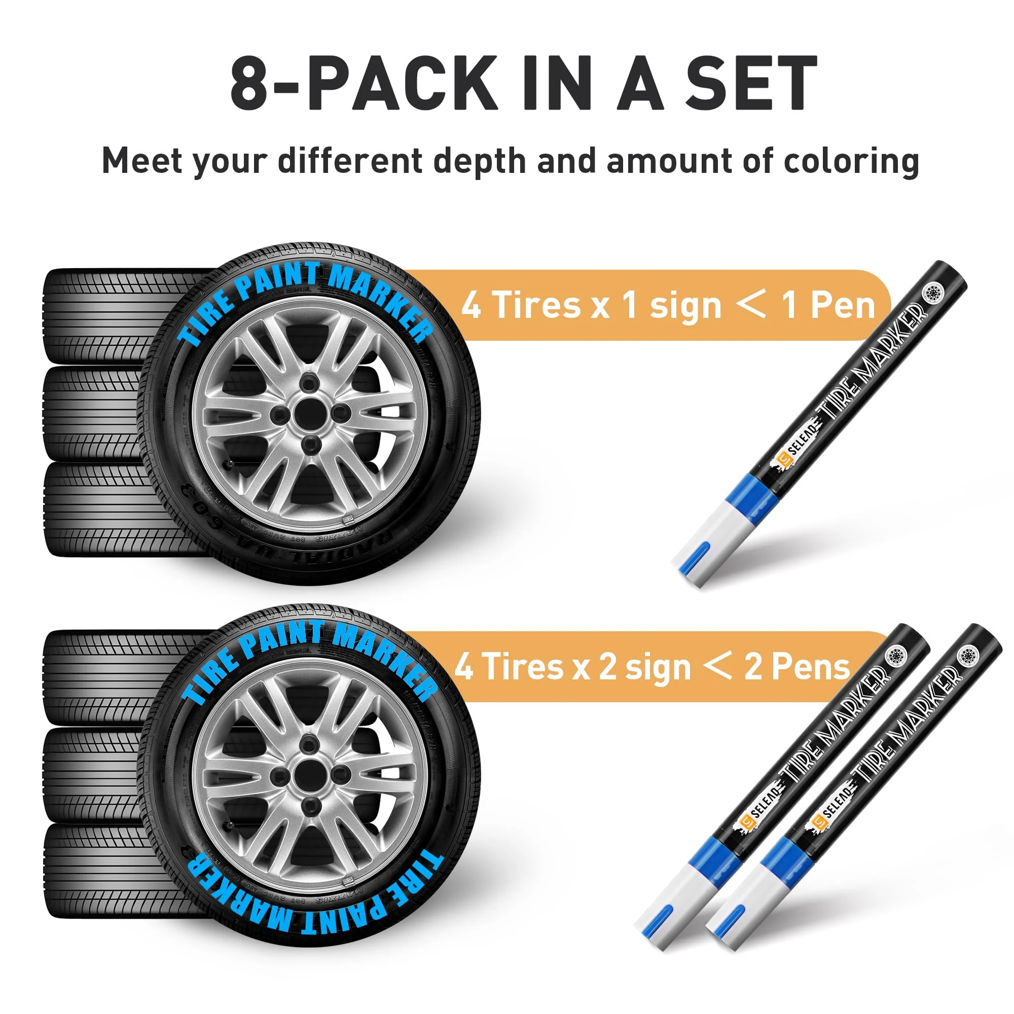 SELEAD Tire Marker White Red Yellow Blue for Car Tires Lettering, 8 Pack product photo, view 3 of 8