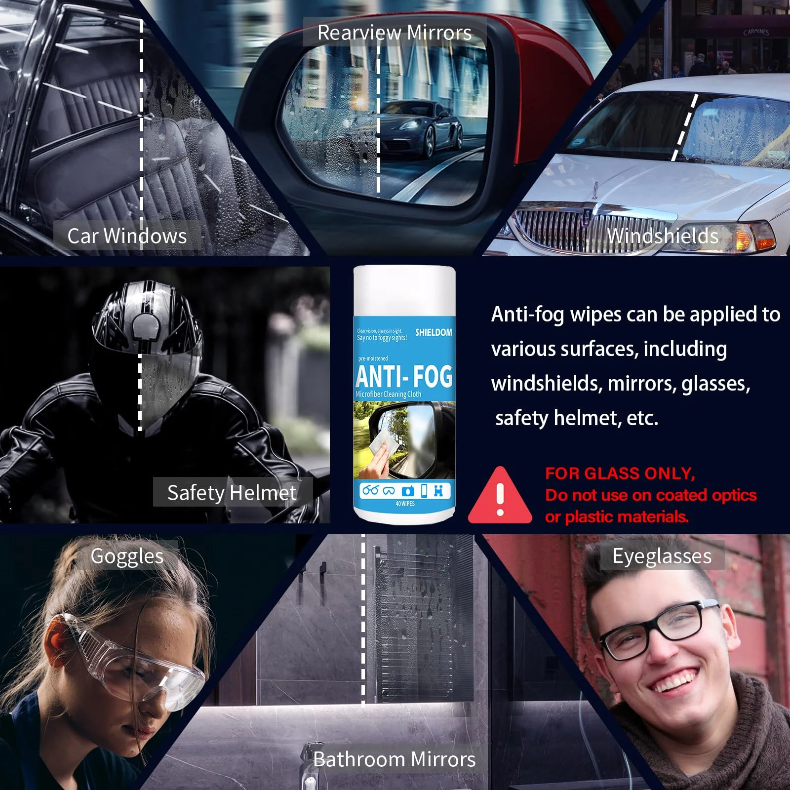 SHIELDOM Glass Anti-Fog Wipes Pre-moistened Defogger to Prevent Fogging on Bathroom Mirror, Shower Door, Car Windshield, Wind product photo, view 8 of 10