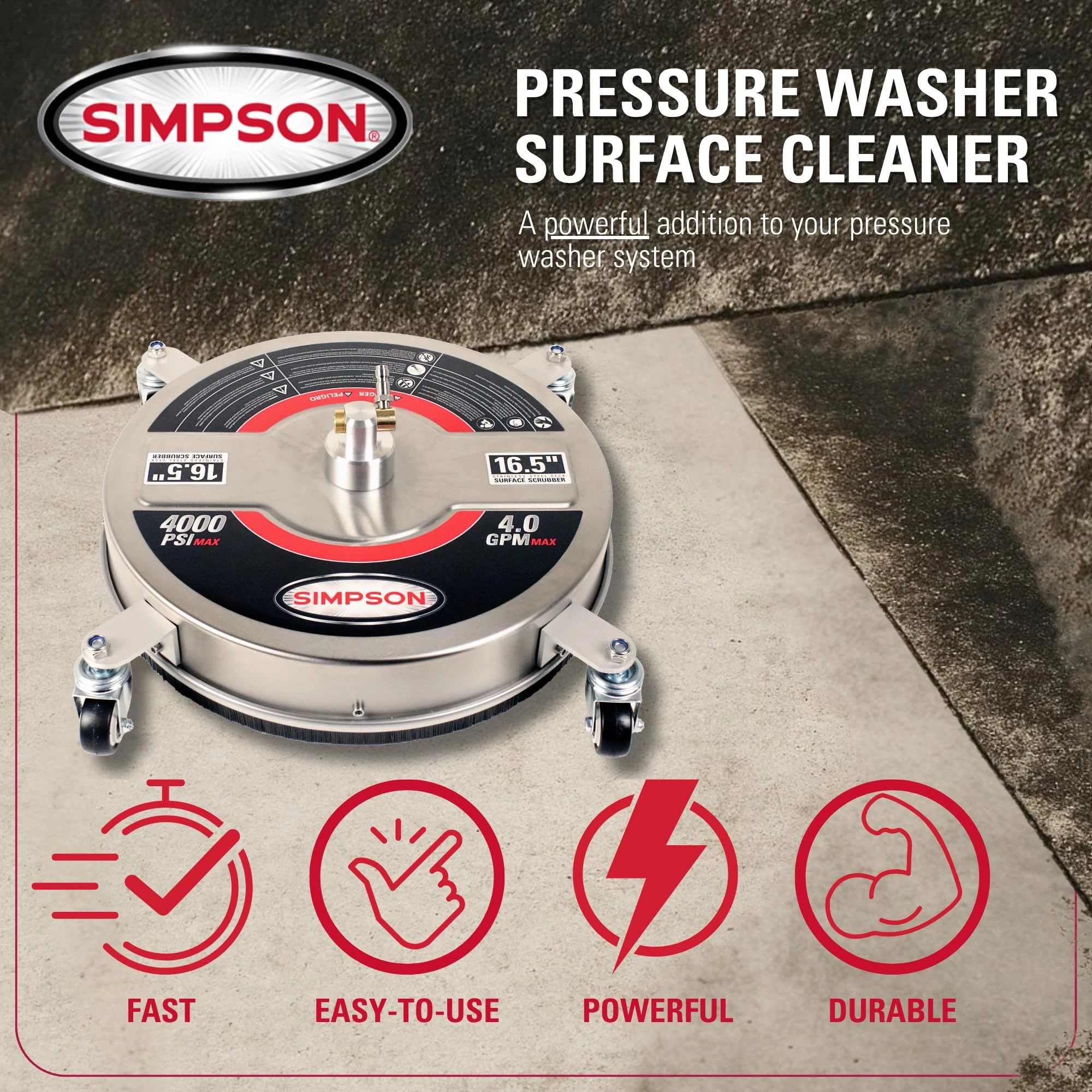 Simpson 16.5" Stainless Steel Pressure Washer Surface Cleaner, 80625 product photo, view 3 of 7