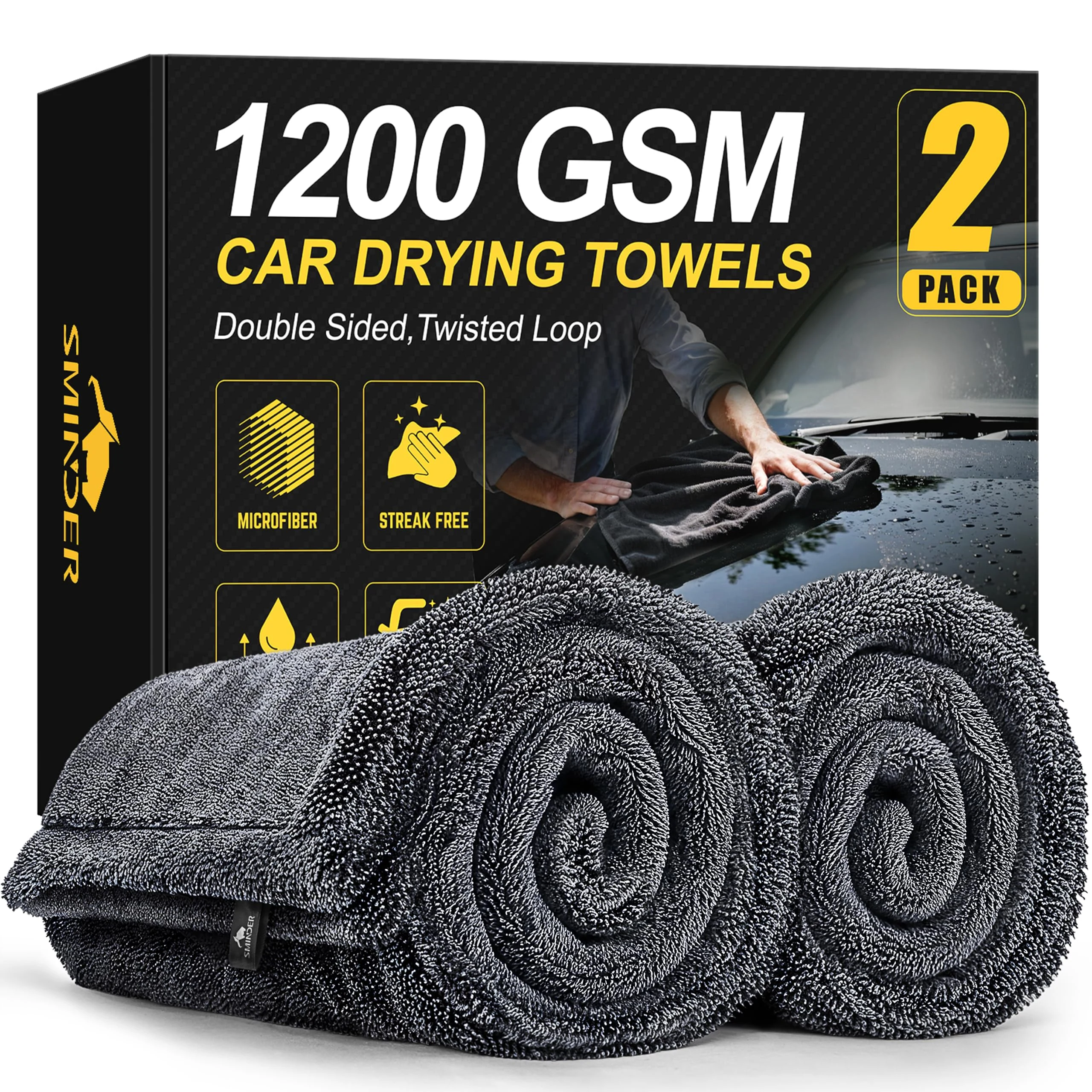 SMINDER 2-Pack 1200 GSM Car Drying Towels – Microfiber Towels for Cars (36" x 24"), Ultra-Absorbent, Streak-Free, Scratch-Fre product photo, view 2 of 7