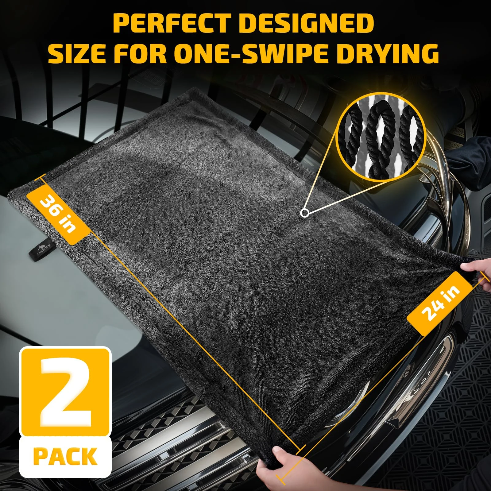 SMINDER 2-Pack 1200 GSM Car Drying Towels – Microfiber Towels for Cars (36" x 24"), Ultra-Absorbent, Streak-Free, Scratch-Fre product photo, view 3 of 7