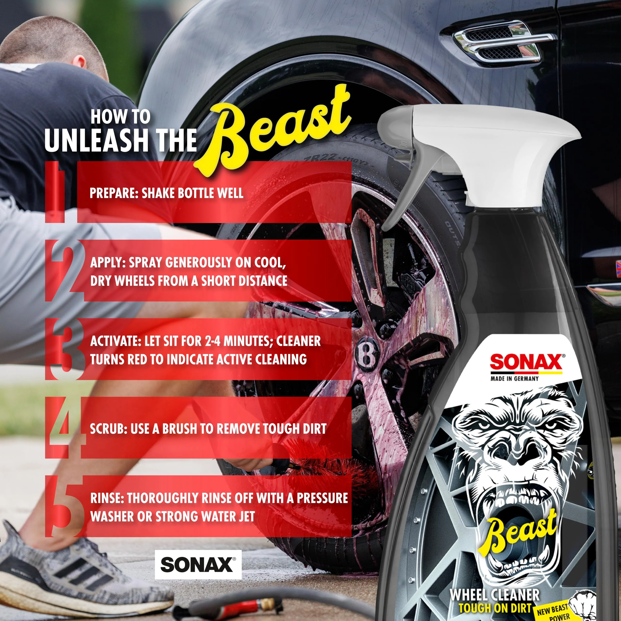 SONAX The Beast Wheel Cleaner, Color-Changing Non-Acid Formula, 1 Liter product photo, view 4 of 7