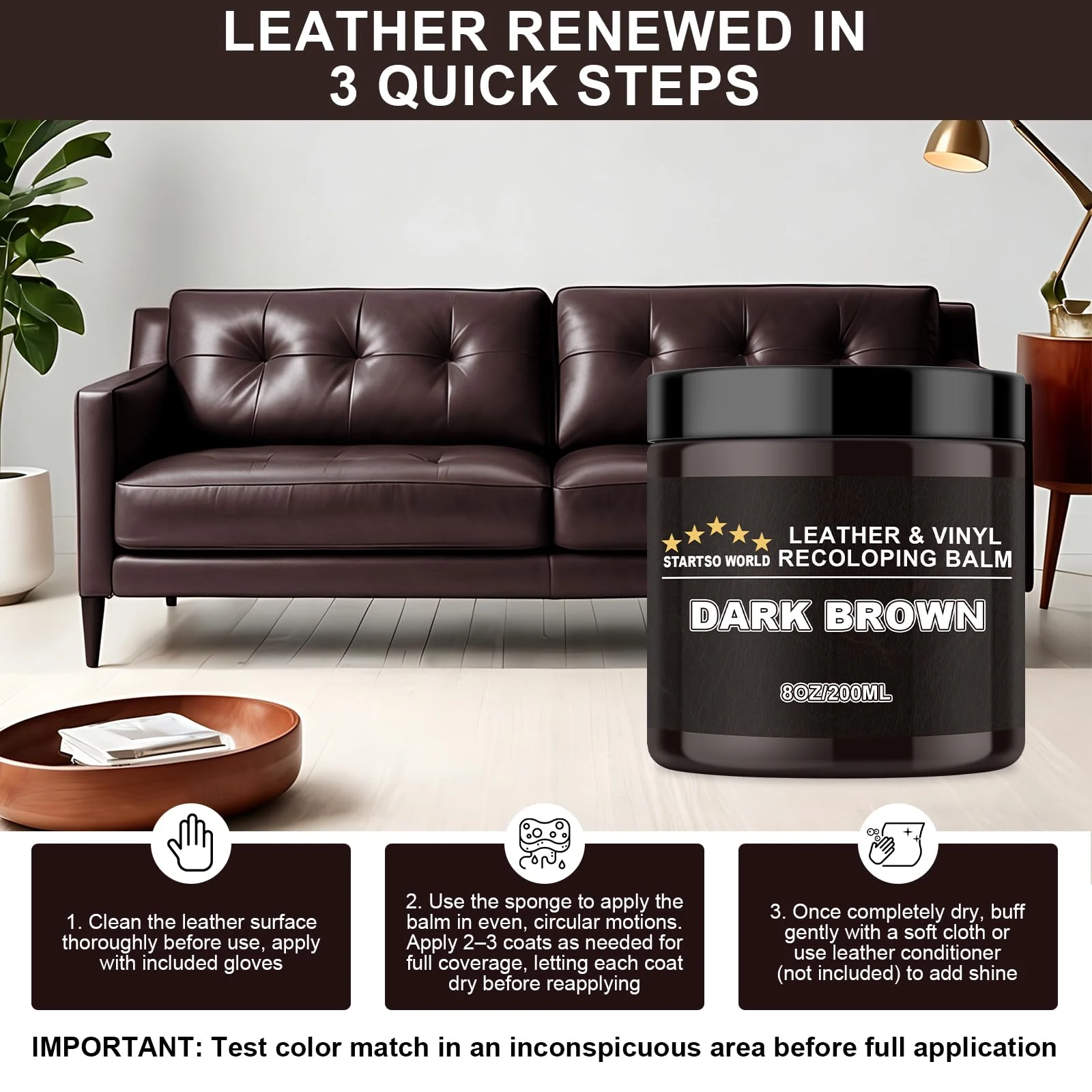 STARTSO WORLD Leather Recoloring Balm, Dark Brown Leather Repair Kit for Furniture, Leather Dye, Leather Color Restorer for C product photo, view 6 of 7