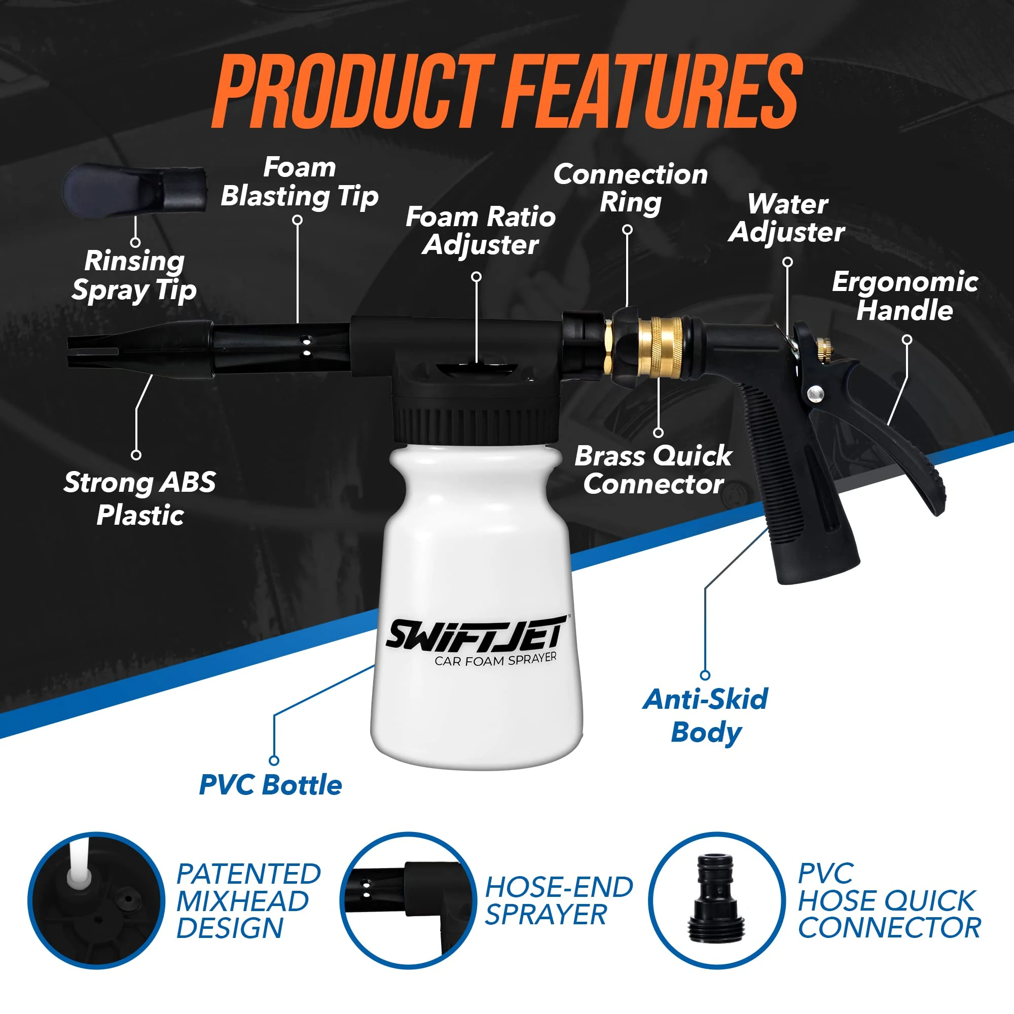 SwiftJet Car Wash Foam Gun + Microfiber Wash Mitt - Works with Any Soap - Garden Hose Car Foam Sprayer - Foam Cannon Car Wash product photo, view 3 of 8