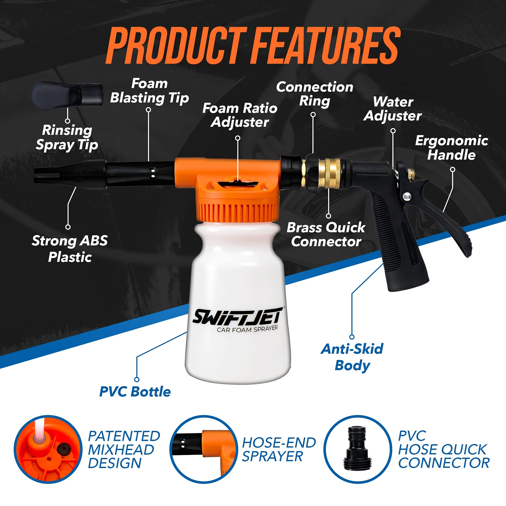 SwiftJet Car Wash Foam Gun + Microfiber Wash Mitt - Foam Cannon Works with Any Soap - Garden Hose Car Foam Sprayer - Car Wash product photo, view 5 of 7