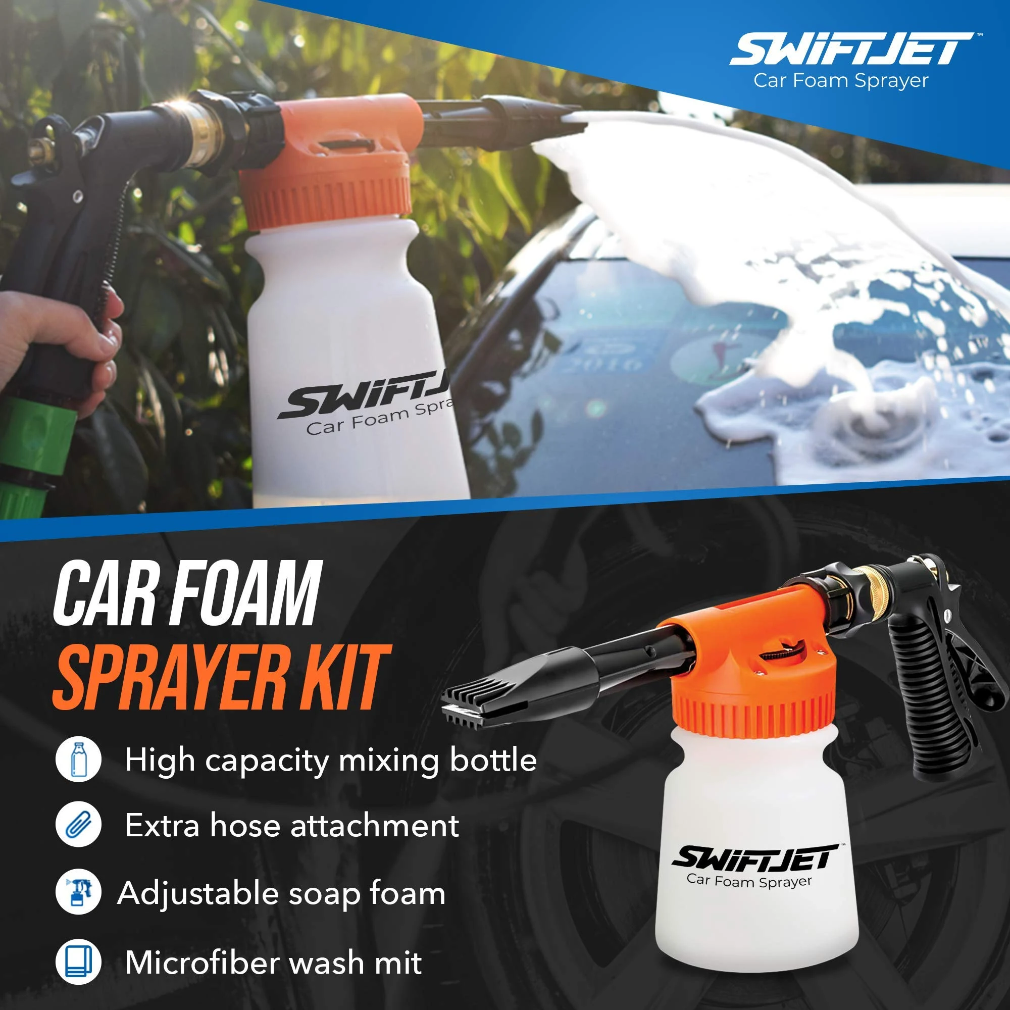 SwiftJet Car Wash Foam Gun + Microfiber Wash Mitt - Foam Cannon Works with Any Soap - Garden Hose Car Foam Sprayer - Car Wash product photo, view 7 of 7