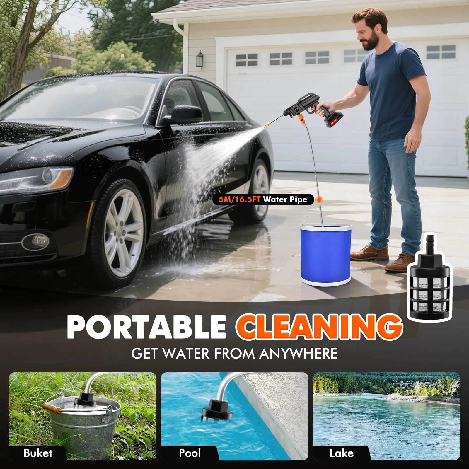 Teodute Cordless Portable Washer, 870 PSI Handheld Battery Operated Washer product photo, view 6 of 8
