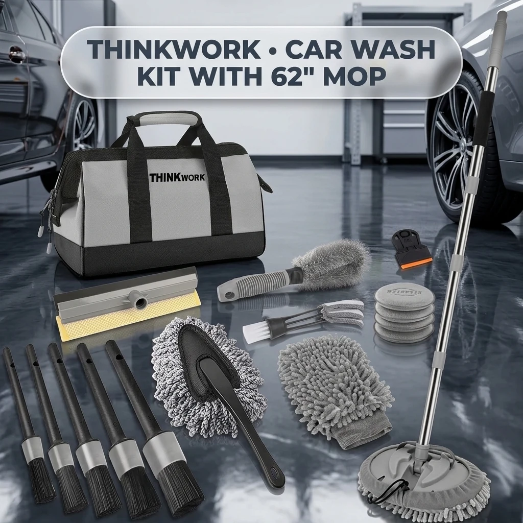 THINKWORK Car Wash Detailing Kit with 62'' Car Wash Mop & Detailing Brushes product photo, view 1 of 7