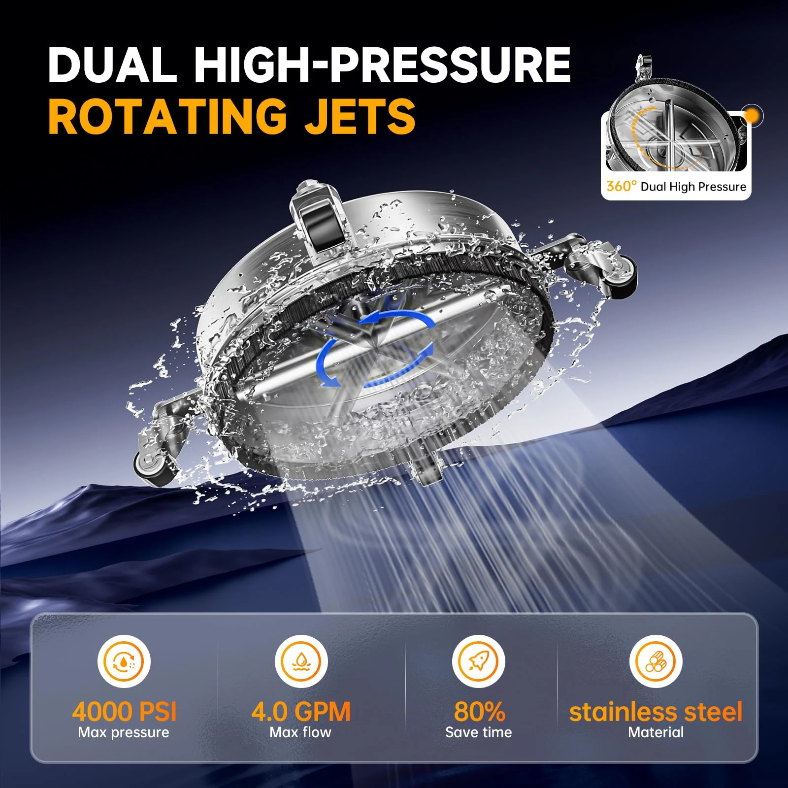 TOR 14" Pressure Washer Surface Cleaner 4000 PSI Stainless Steel, 4 Wheels product photo, view 3 of 7