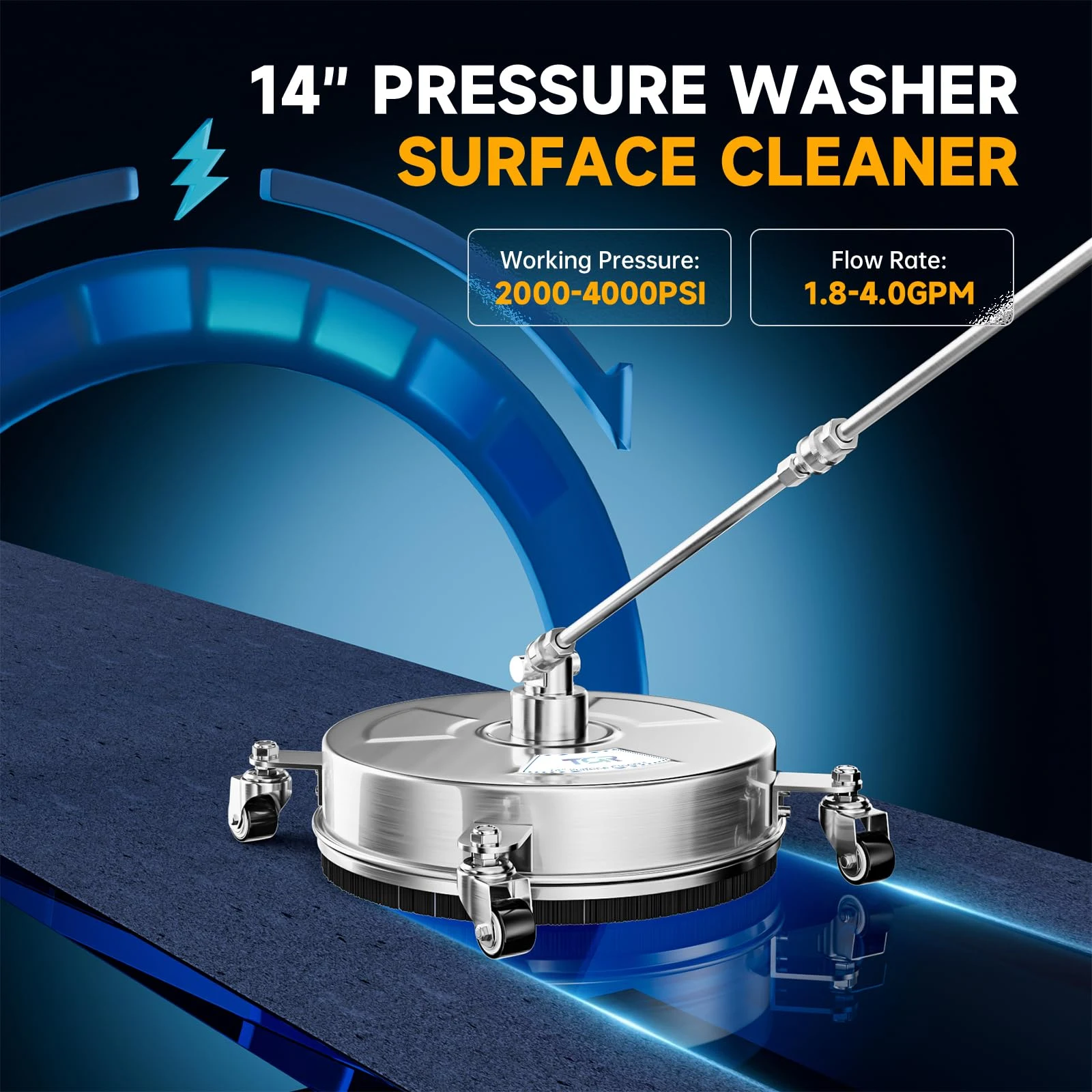 TOR 14" Pressure Washer Surface Cleaner 4000 PSI Stainless Steel, 4 Wheels product photo, view 6 of 7