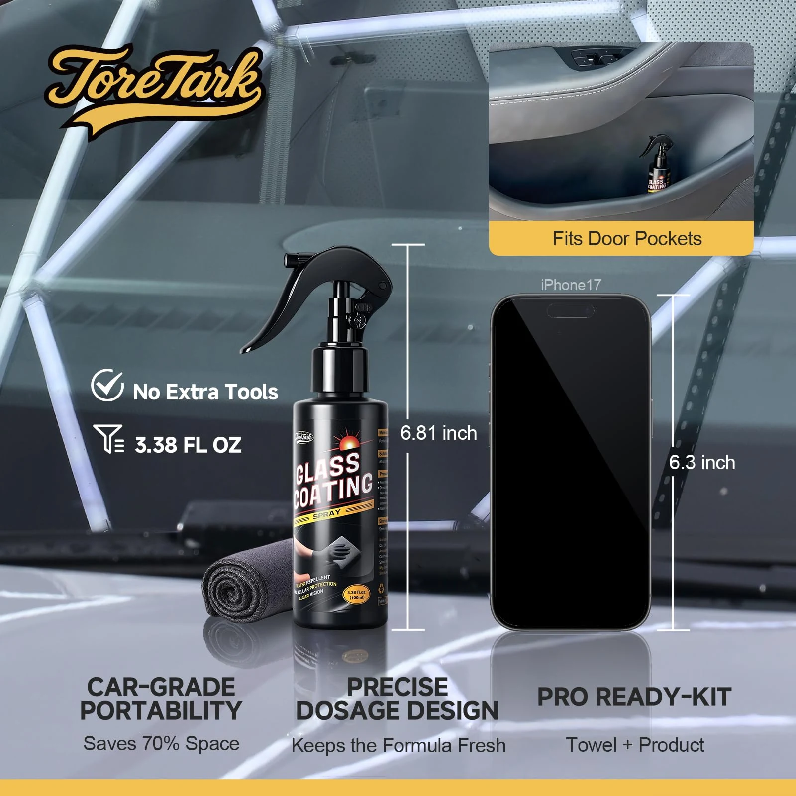 Toretark Car Ceramic Glass Coating Spray,Automotive Windshield Rain Repellent Glass Polish Protect, Long-Lasting Quick Dry Co product photo, view 4 of 7