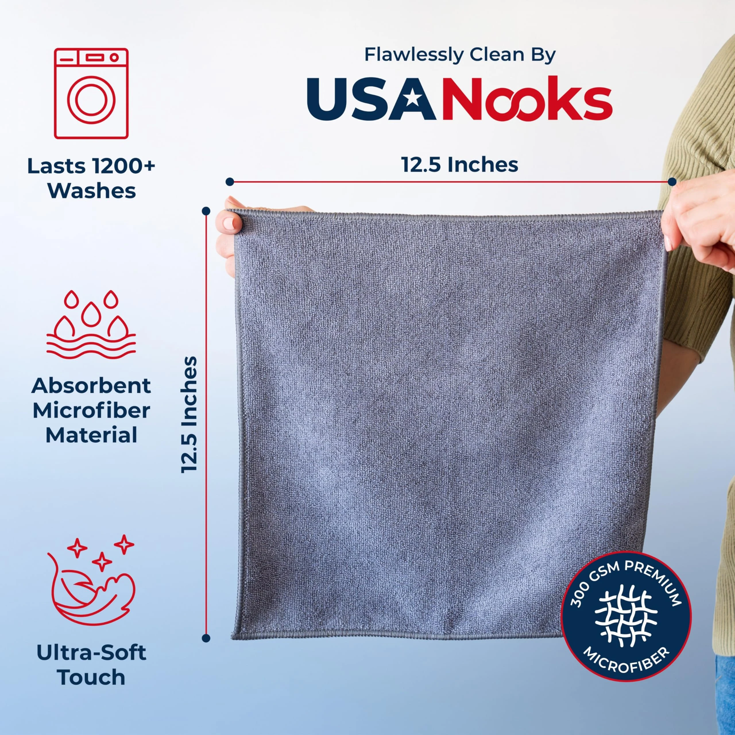 USANOOKS Microfiber Cleaning Cloth Grey - 12 Pcs (12.5"x12.5") - High Performance - 1200 Washes, Ultra Absorbent Microfiber T product photo, view 3 of 7