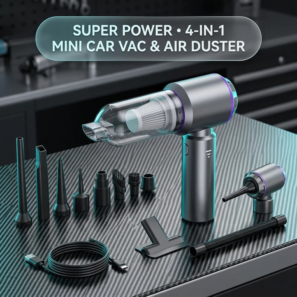Vacuum/Air Duster Super Power Mini Car Vacuum Cleaner 4-in-1 air Blower Gun product photo, view 1 of 7