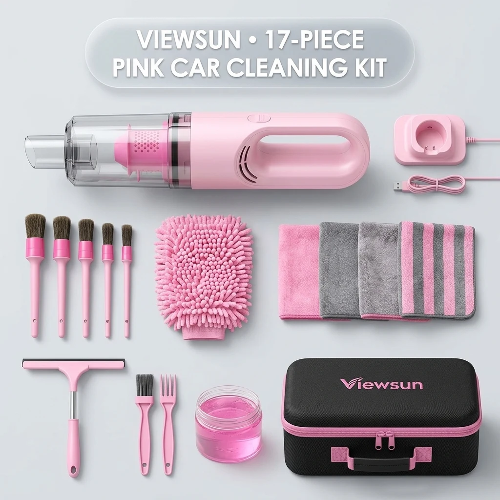 Viewsun 17pcs Car Cleaning Kit, Pink Car Interior Detailing Kit with High Power Handheld Vacuum, Detailing Brush Set, Windshi product photo, view 1 of 6
