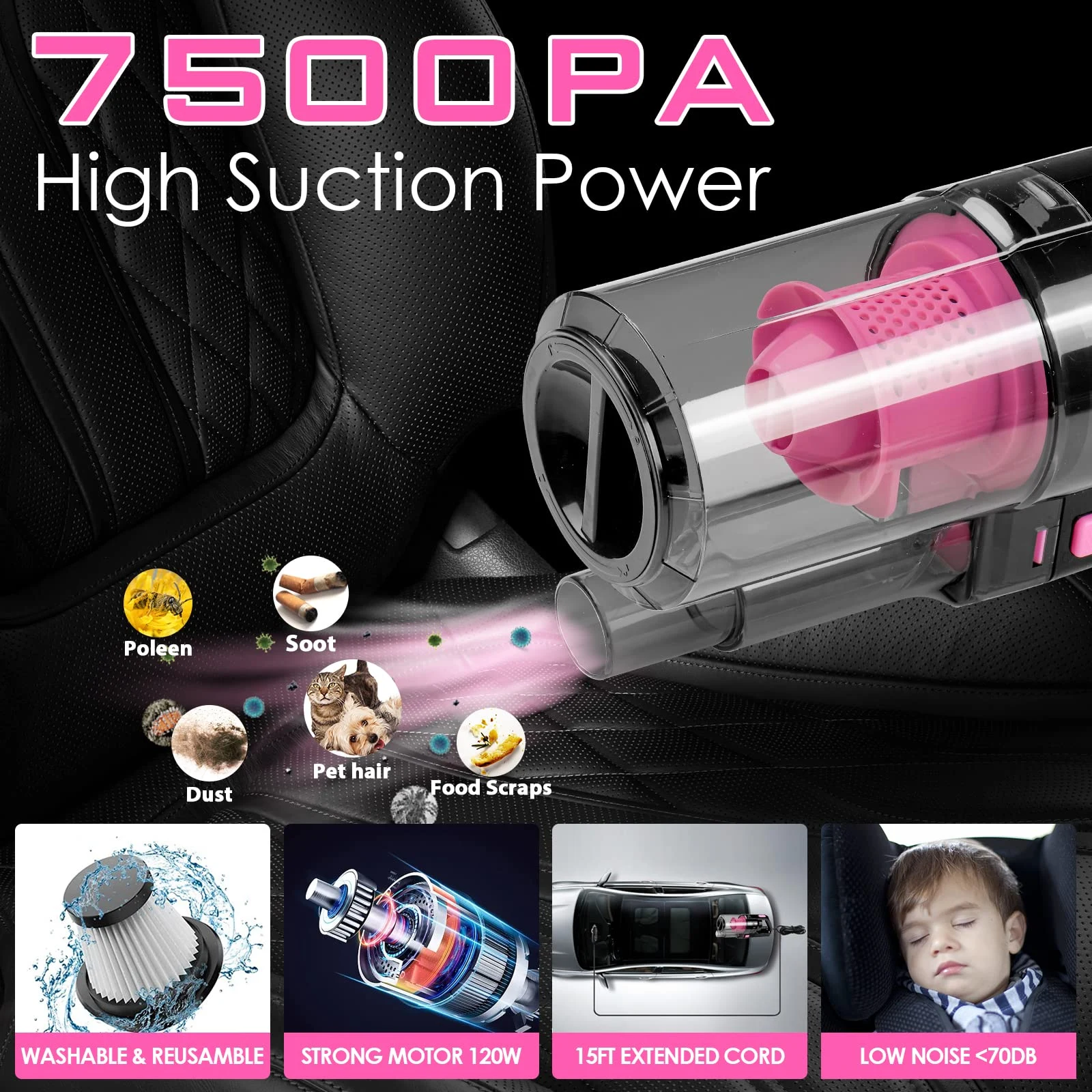 Viewsun 17pcs Car Cleaning Kit, Pink Car Interior Detailing Kit with High Power Handheld Vacuum, Detailing Brush Set, Windshi product photo, view 2 of 6