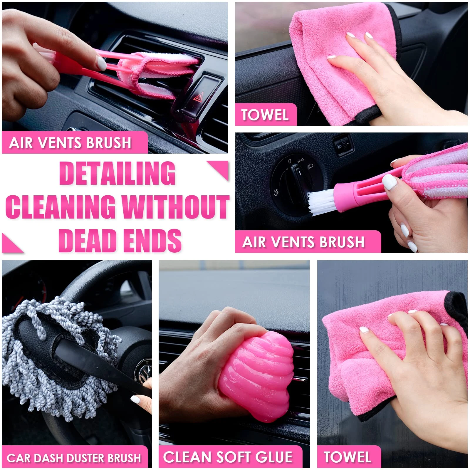 Viewsun 17pcs Car Cleaning Kit, Pink Car Interior Detailing Kit with High Power Handheld Vacuum, Detailing Brush Set, Windshi product photo, view 5 of 6