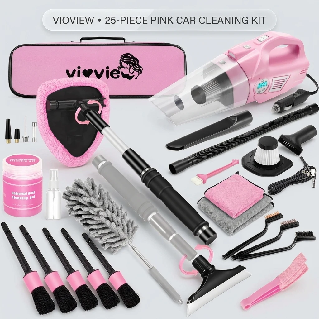 Vioview Pink Car Cleaning Kit, 25Pcs Detailing Kit Interior with 4-in-1 Power Handheld Vacuum Cleaner, Detailing Brush Set, 2 product photo, view 1 of 7