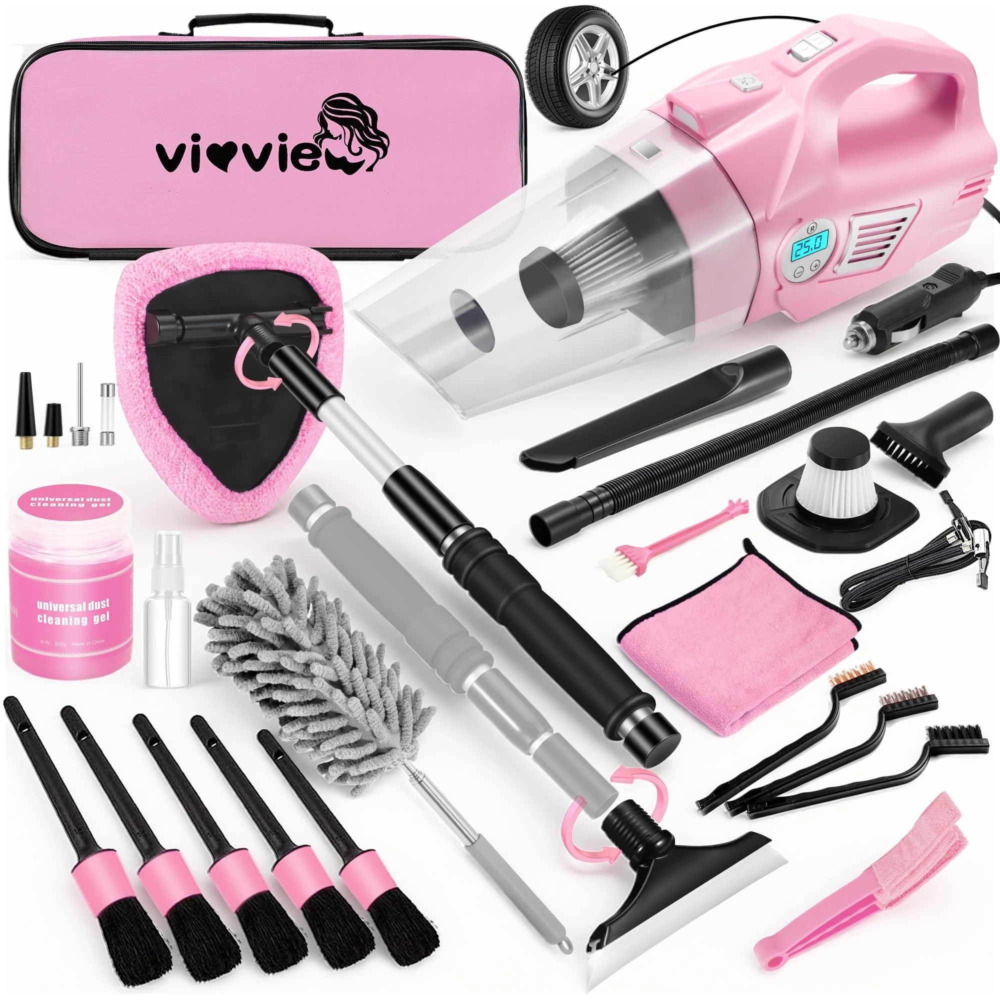 Vioview Pink Car Cleaning Kit, 25Pcs Detailing Kit Interior with 4-in-1 Power Handheld Vacuum Cleaner, Detailing Brush Set, 2 product photo, view 2 of 7