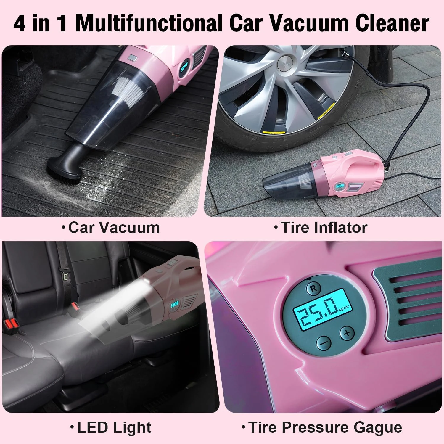 Vioview Pink Car Cleaning Kit, 25Pcs Detailing Kit Interior with 4-in-1 Power Handheld Vacuum Cleaner, Detailing Brush Set, 2 product photo, view 3 of 7