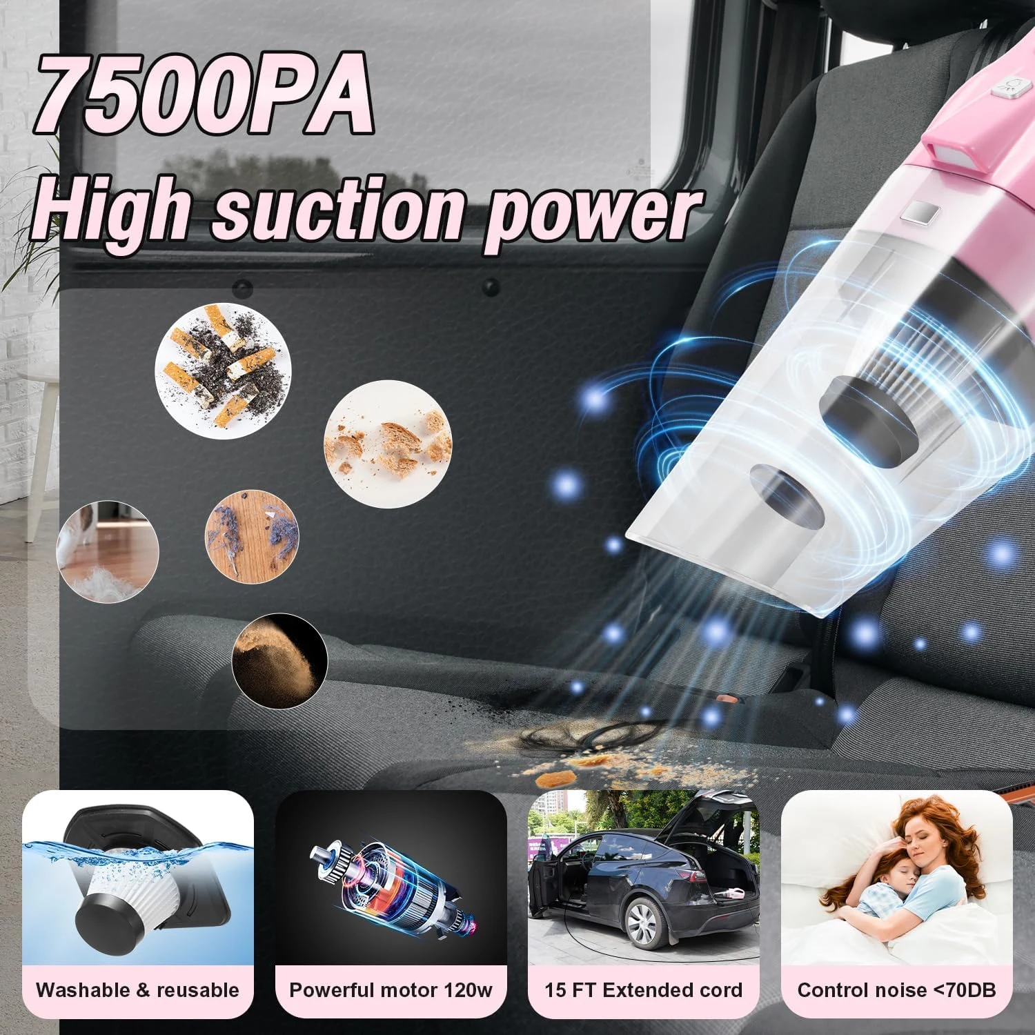 Vioview Pink Car Cleaning Kit, 25Pcs Detailing Kit Interior with 4-in-1 Power Handheld Vacuum Cleaner, Detailing Brush Set, 2 product photo, view 4 of 7