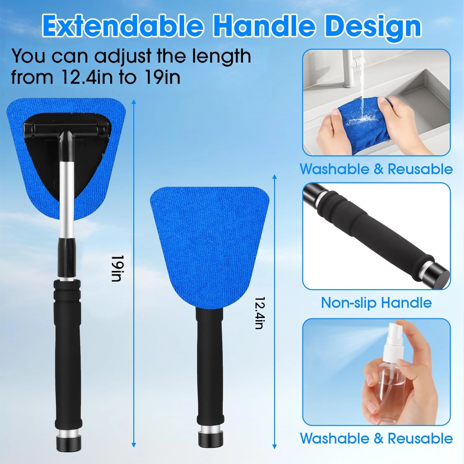 vioview Windshield Cleaner Tool, Car Interior Cleaning Kit with Extendable Handle and 3 Reusable Microfiber Pads, Auto Glass product photo, view 3 of 7