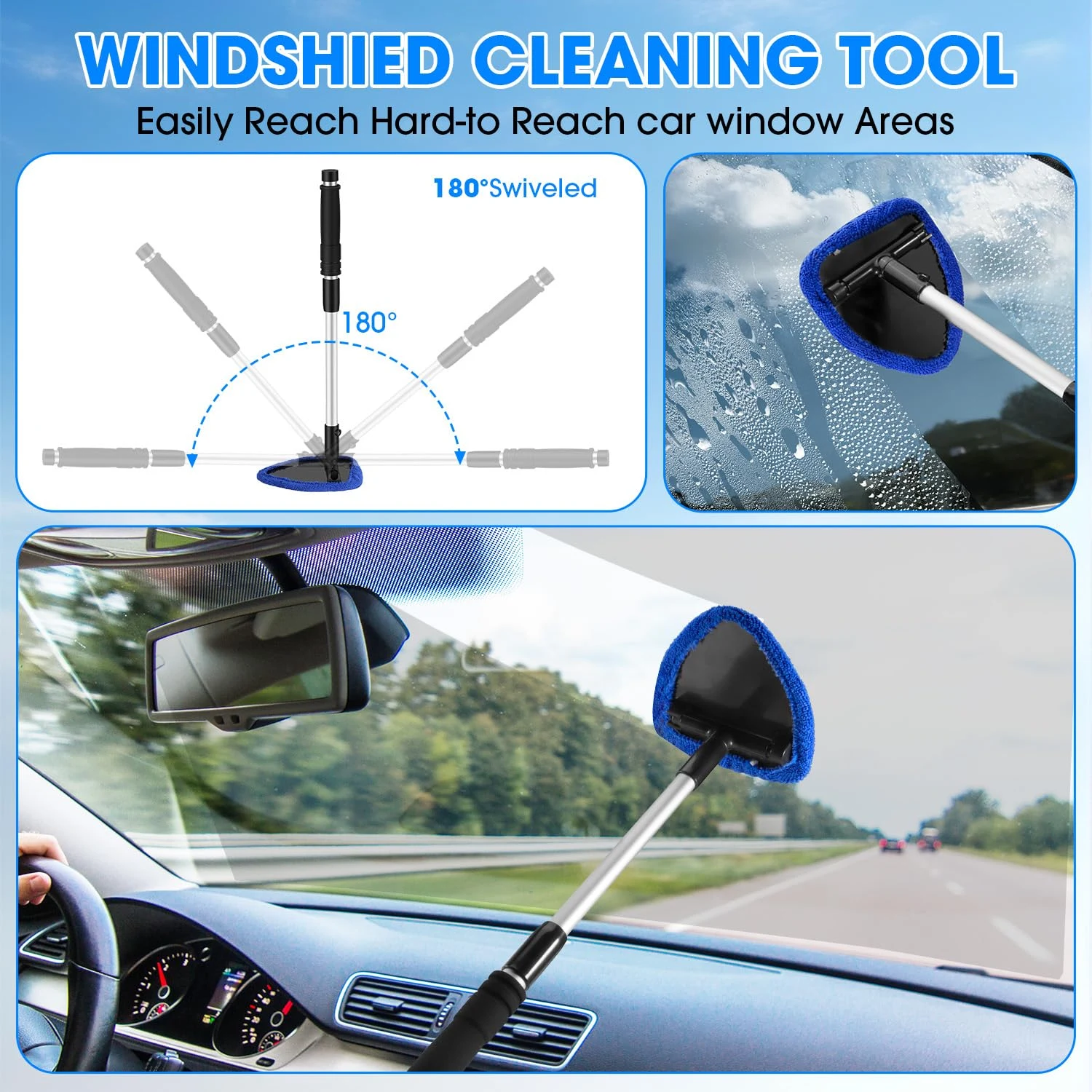 vioview Windshield Cleaner Tool, Car Interior Cleaning Kit with Extendable Handle and 3 Reusable Microfiber Pads, Auto Glass product photo, view 5 of 7