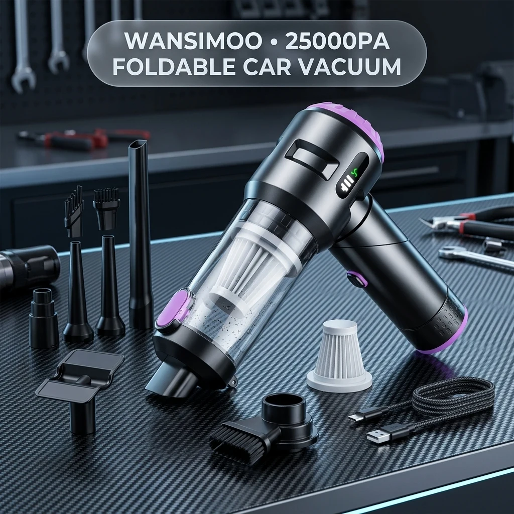 Wansimoo Handheld Car Vacuum Cleaner,25000PA Strong Cyclonic Suction Foldable Mini Vacuum Portable Cordless with Digital Disp product photo, view 1 of 7
