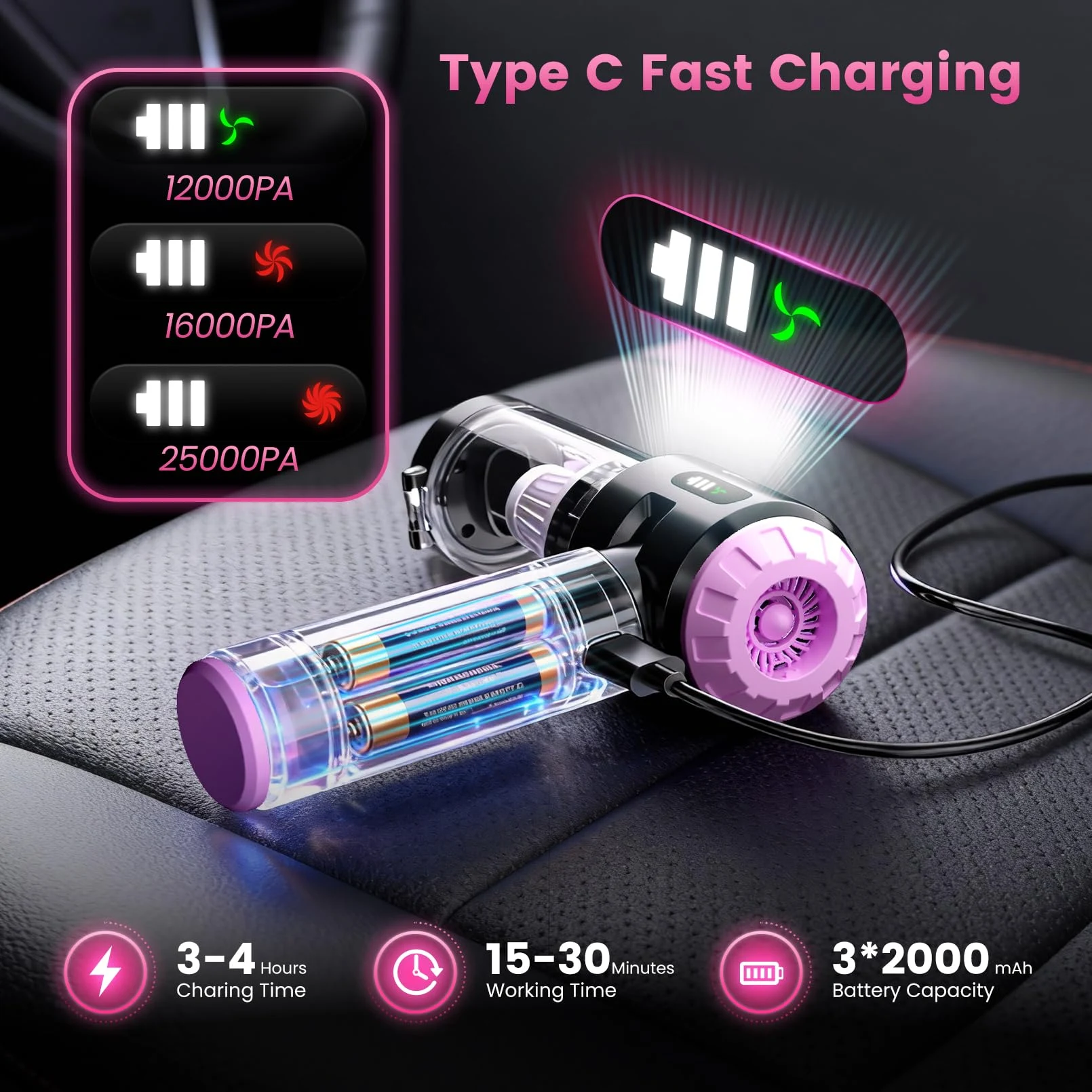 Wansimoo Handheld Car Vacuum Cleaner,25000PA Strong Cyclonic Suction Foldable Mini Vacuum Portable Cordless with Digital Disp product photo, view 4 of 7