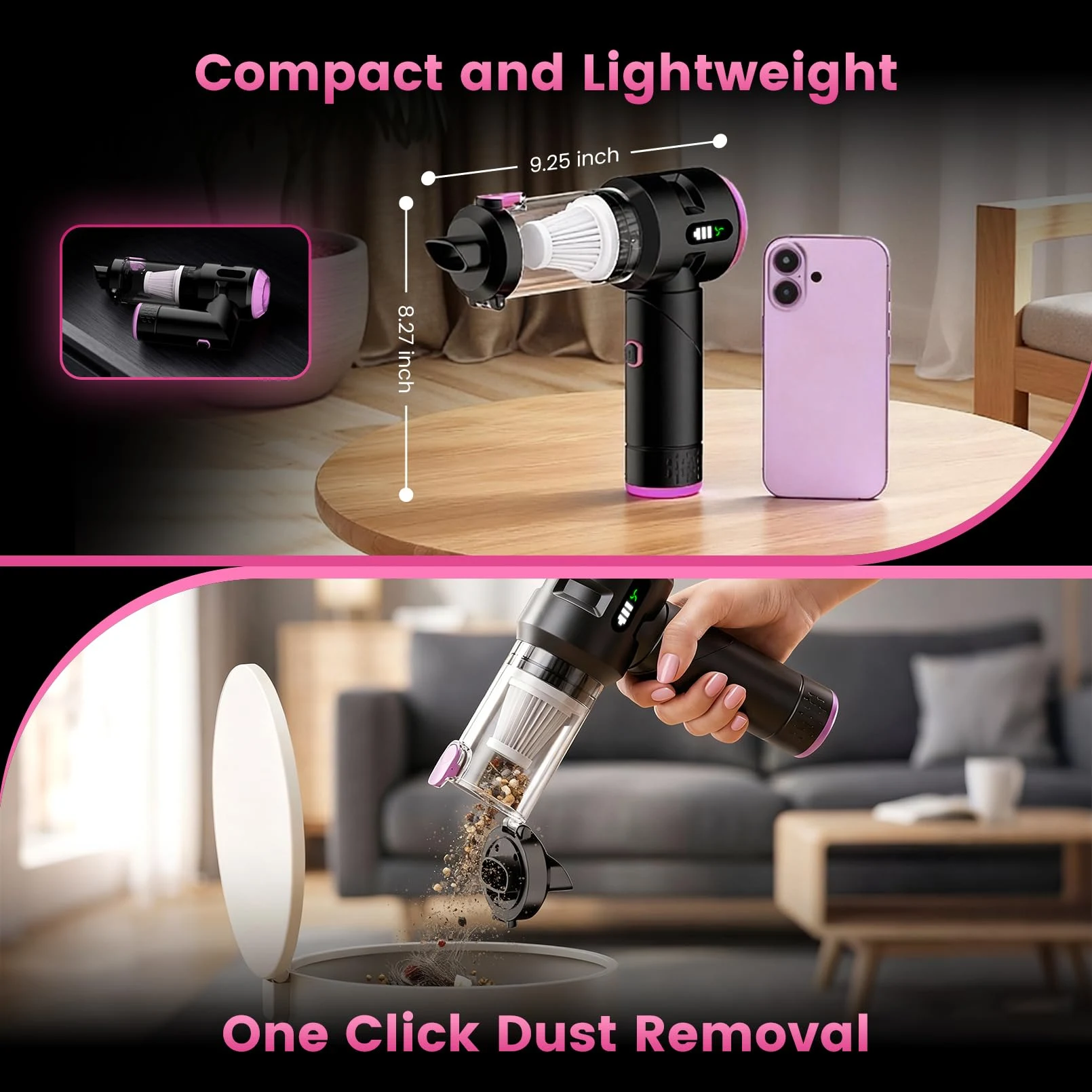 Wansimoo Handheld Car Vacuum Cleaner,25000PA Strong Cyclonic Suction Foldable Mini Vacuum Portable Cordless with Digital Disp product photo, view 5 of 7