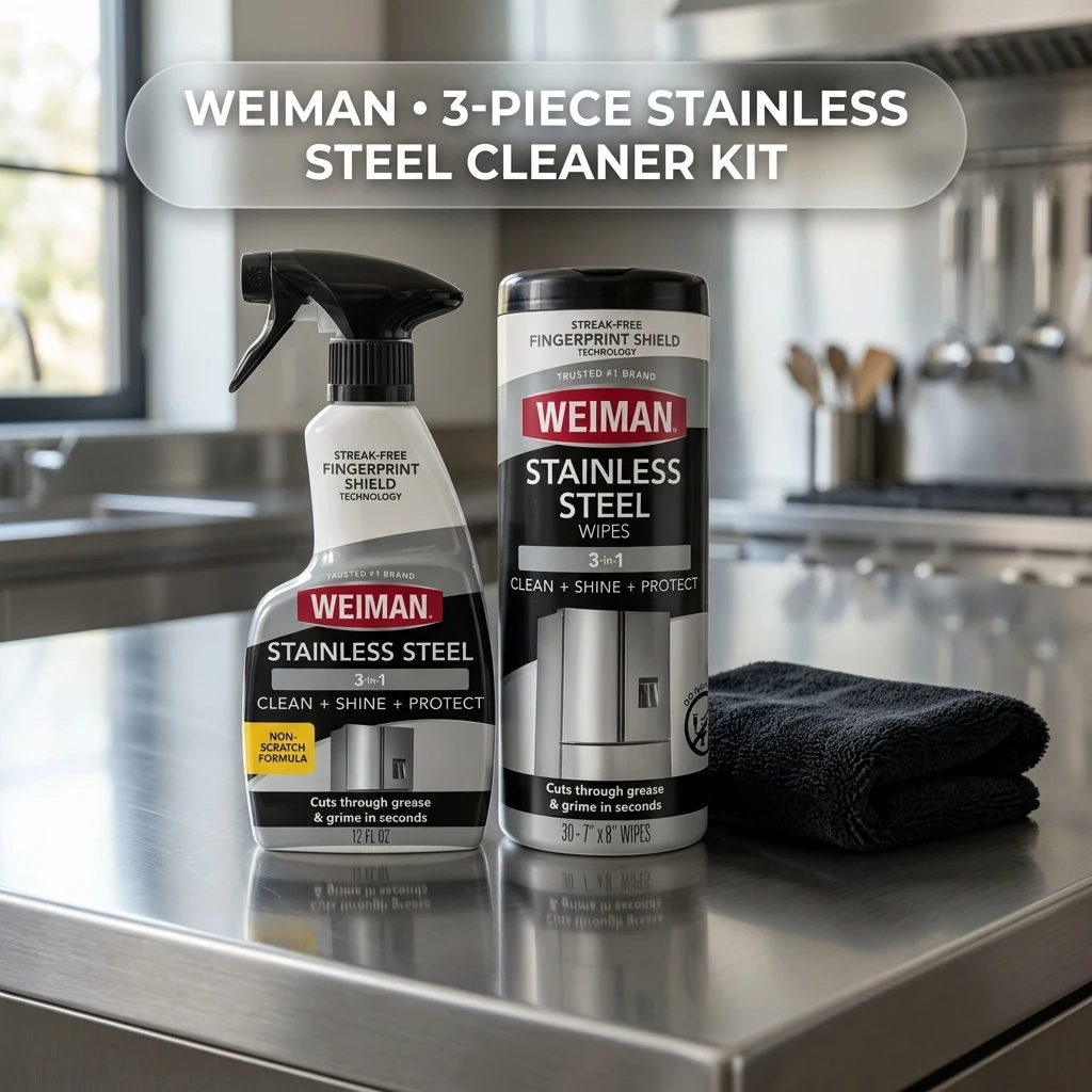Weiman Stainless Steel Cleaner & Polish Kit, 3 Piece - Spray, Wipes & Cloth, Anti-Fingerprint, Removes Grease, Water Spots, S product photo, view 1 of 7