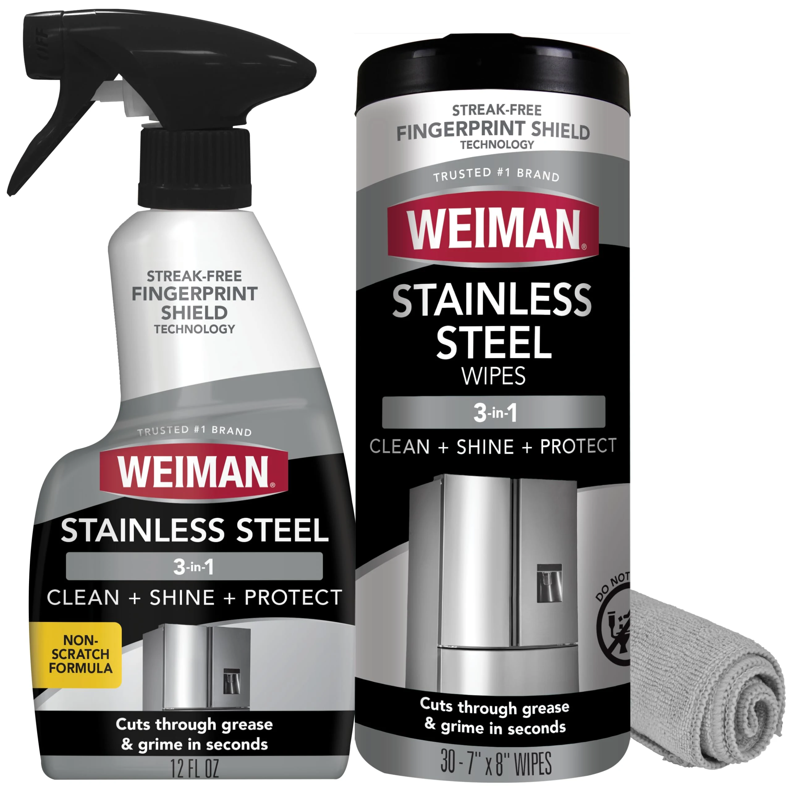 Weiman Stainless Steel Cleaner & Polish Kit, 3 Piece - Spray, Wipes & Cloth, Anti-Fingerprint, Removes Grease, Water Spots, S product photo, view 2 of 7