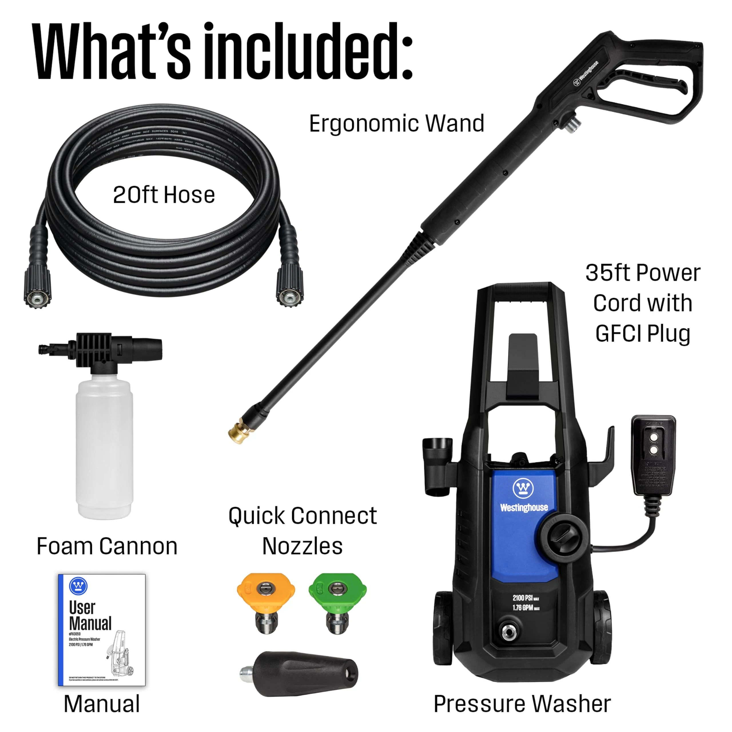 Westinghouse ePX3050 Electric Pressure Washer, 2100 Max PSI 1.76 Max GPM with Foam Cannon and Turbo Nozzle, for Cars/Fences/D product photo, view 7 of 7