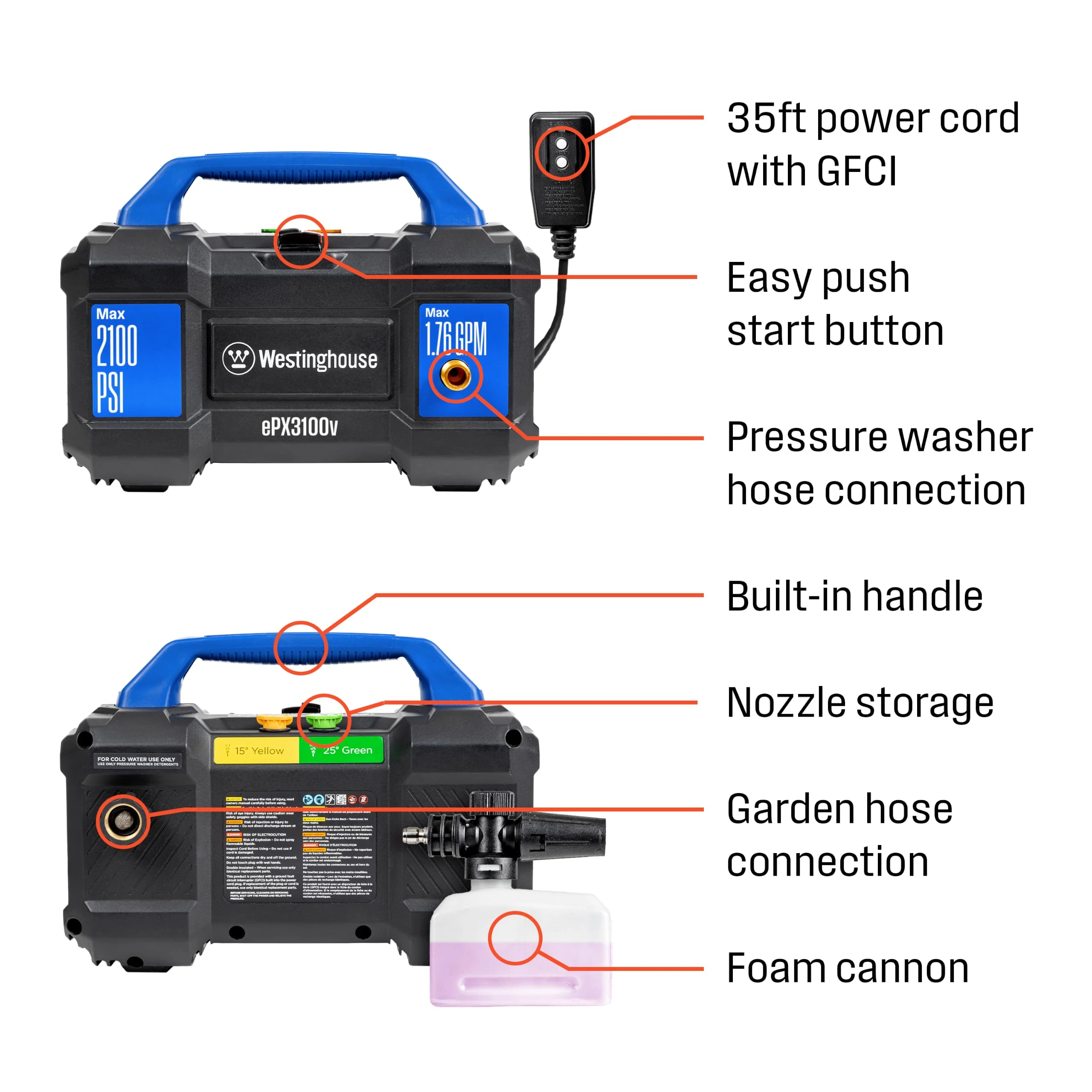 Westinghouse ePX3100v Electric Pressure Washer, 2100 Max PSI 1.76 Max GPM, Built-in Carry Handle, Detachable Foam Cannon, Pro product photo, view 5 of 7