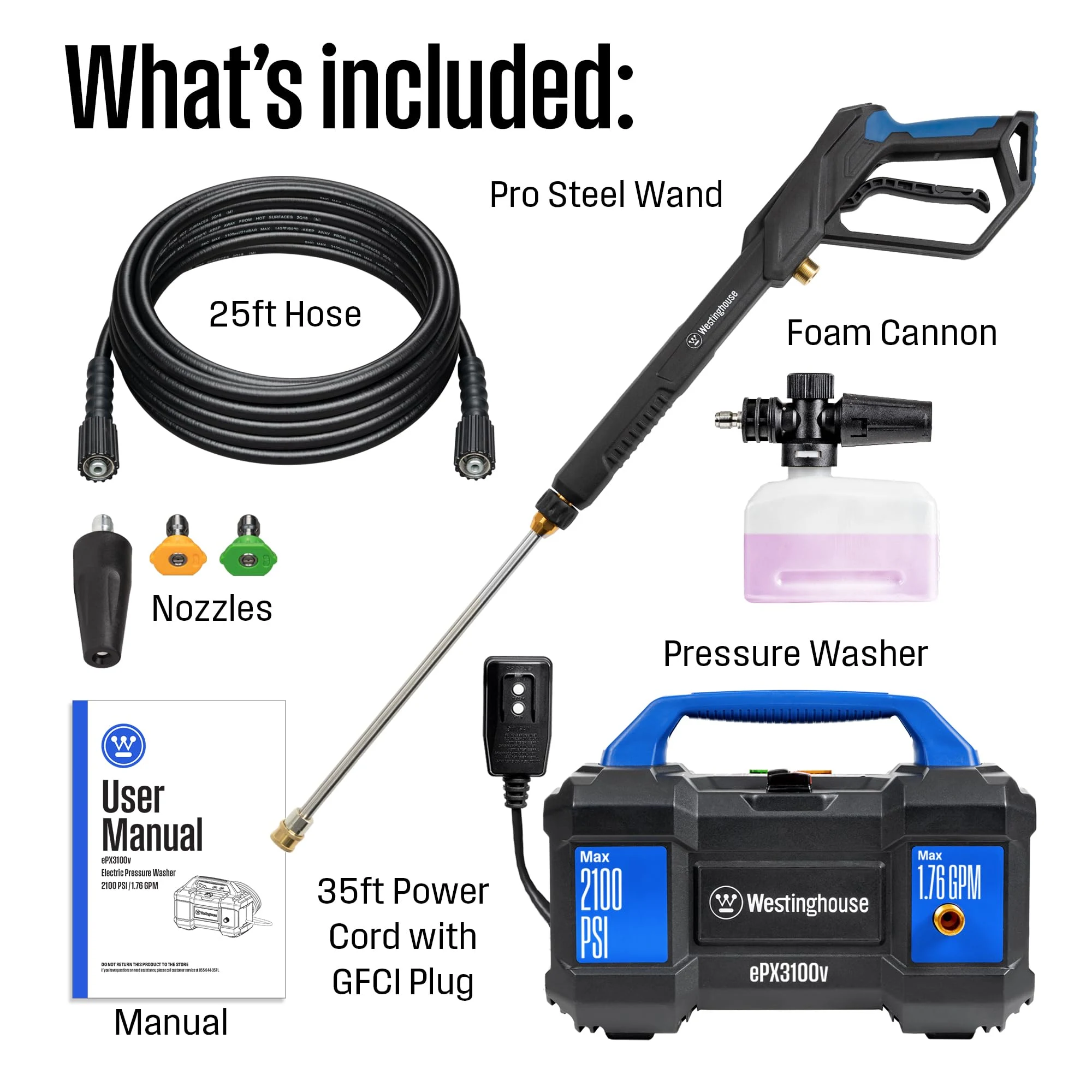 Westinghouse ePX3100v Electric Pressure Washer, 2100 Max PSI 1.76 Max GPM, Built-in Carry Handle, Detachable Foam Cannon, Pro product photo, view 7 of 7
