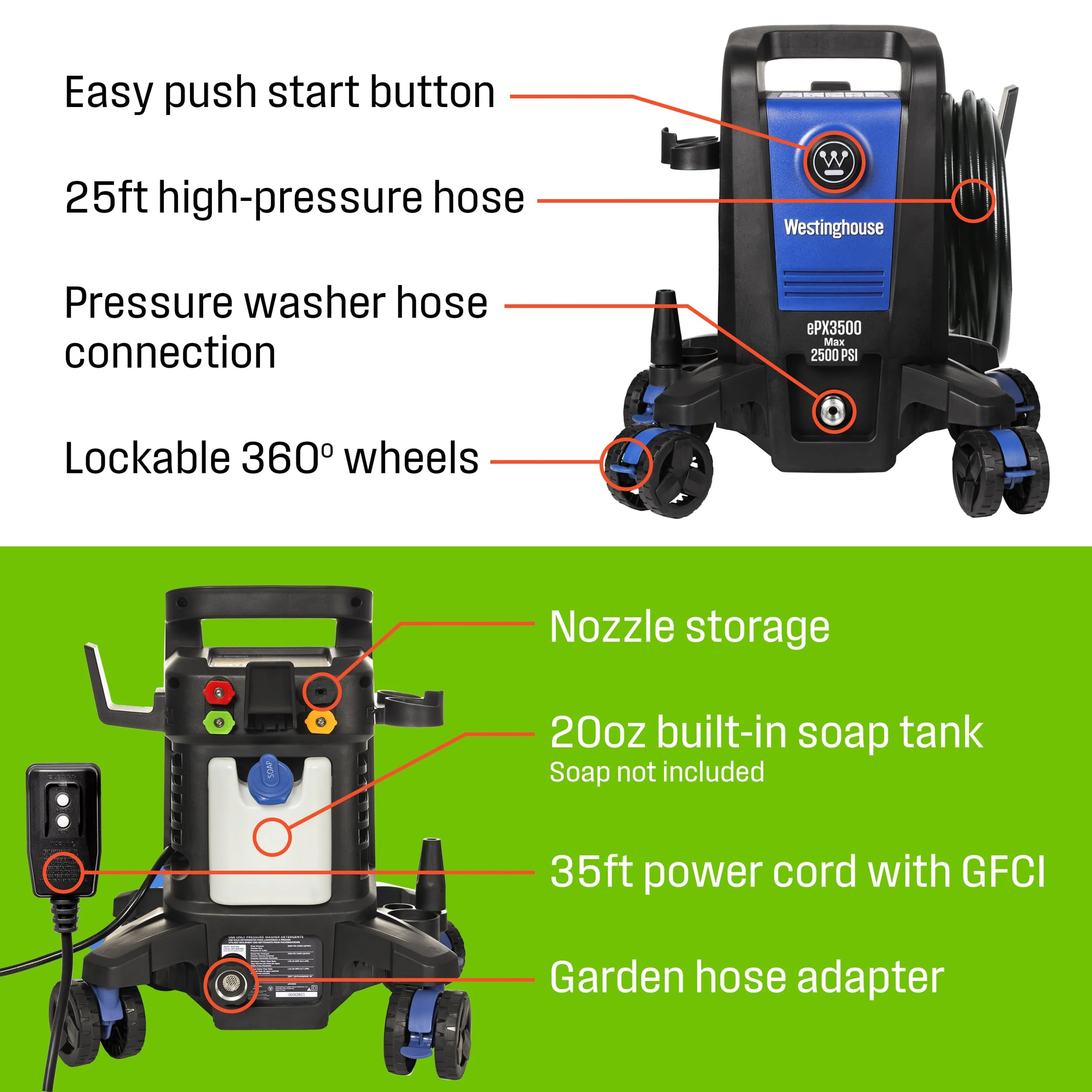 Westinghouse ePX3500 Electric Pressure Washer, 2500 Max PSI 1.76 Max GPM with Anti-Tipping Technology, Onboard Soap Tank, Pro product photo, view 5 of 7