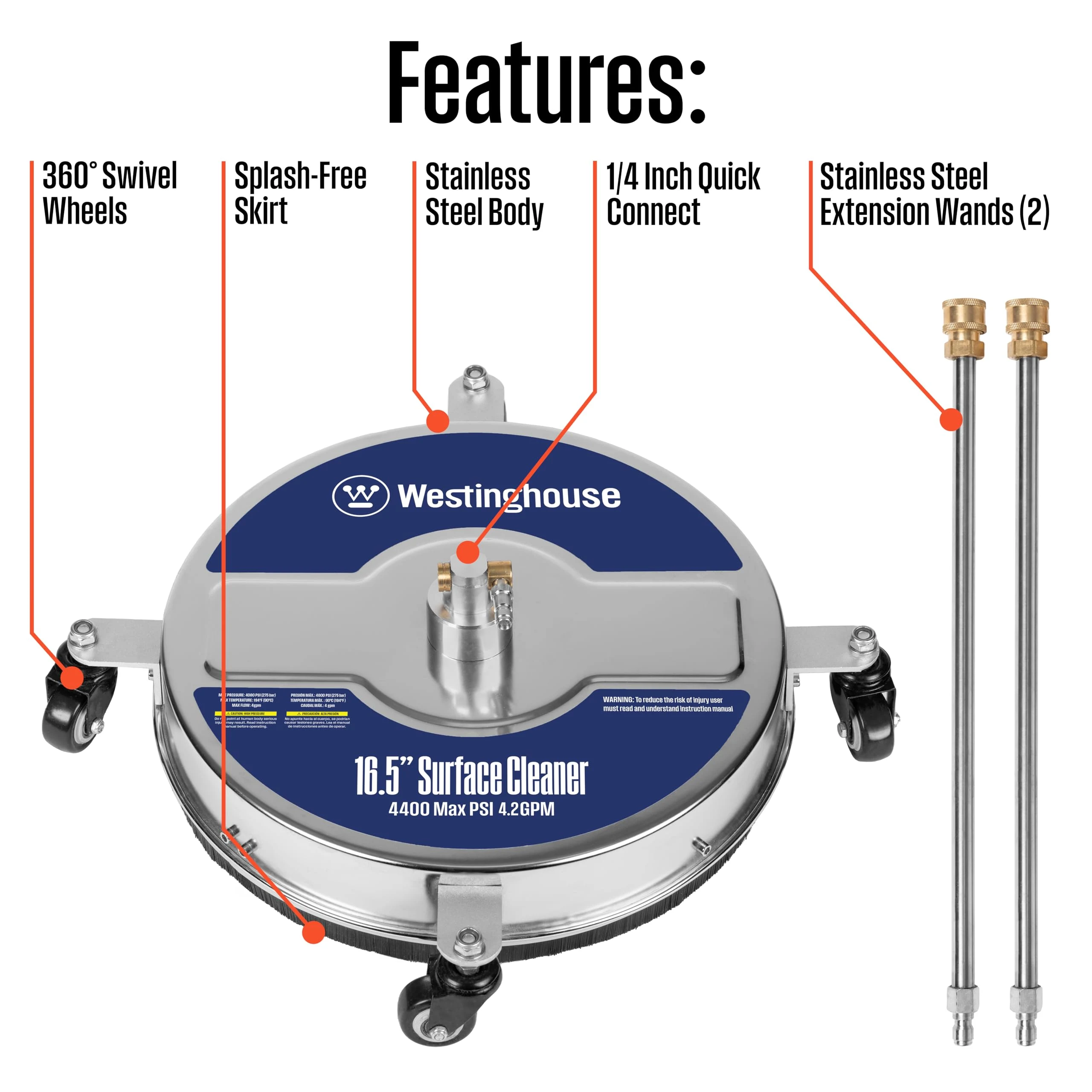 Westinghouse Universal 16.5” Pressure Washer Surface Cleaner Attachment - Stainless Steel - 4400 Max PSI, 1/4” Connector - fo product photo, view 5 of 7