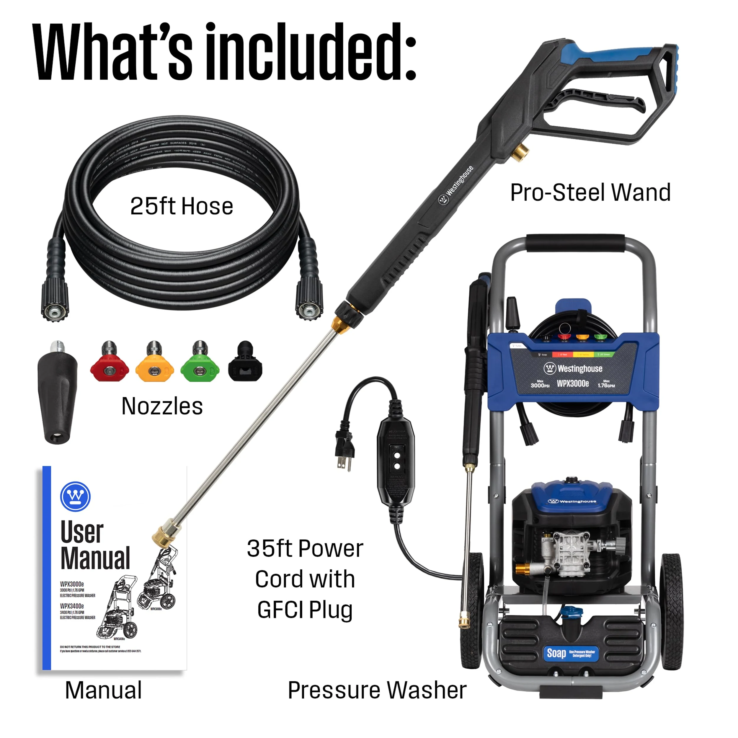 Westinghouse WPX3000e Electric Pressure Washer, 3000 Max PSI and 1.76 Max GPM, Induction Motor, Onboard Soap Tank, Spray Gun product photo, view 7 of 7