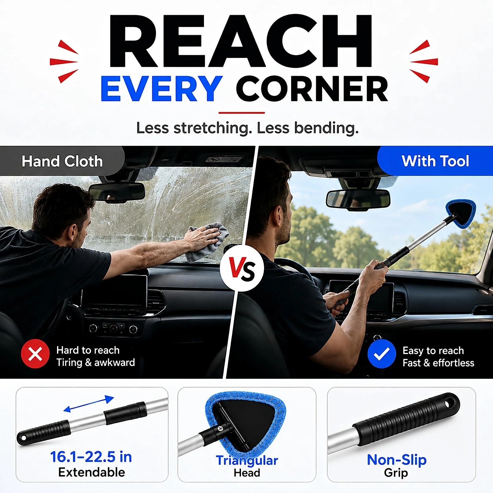 Windshield Cleaner Tool, 21" Extendable Handle, Car Interior Window Cleaner product photo, view 2 of 7