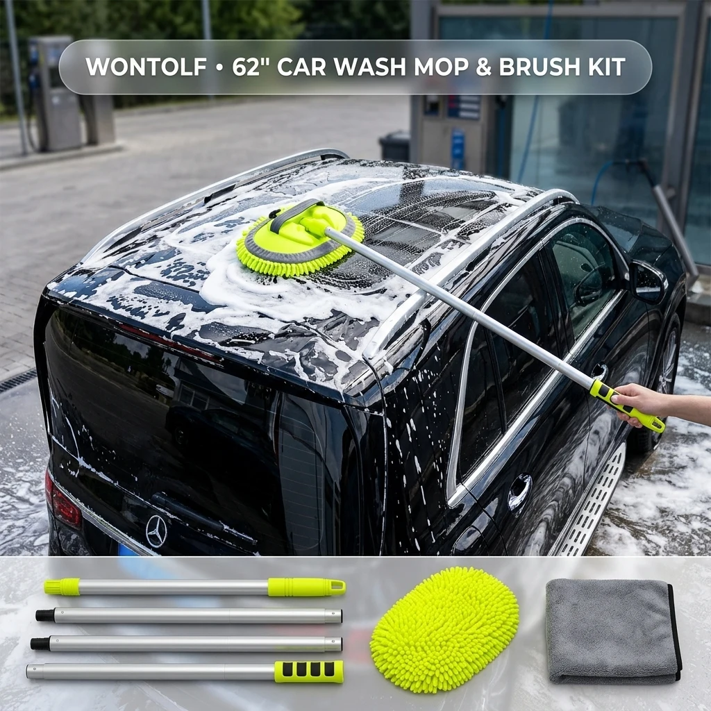 Wontolf 62'' Car Wash Brush Kit with Long Handle, Chenille Microfiber Car Wash Mop Mitt Scratch-Free Car Detailing Cleaning B product photo