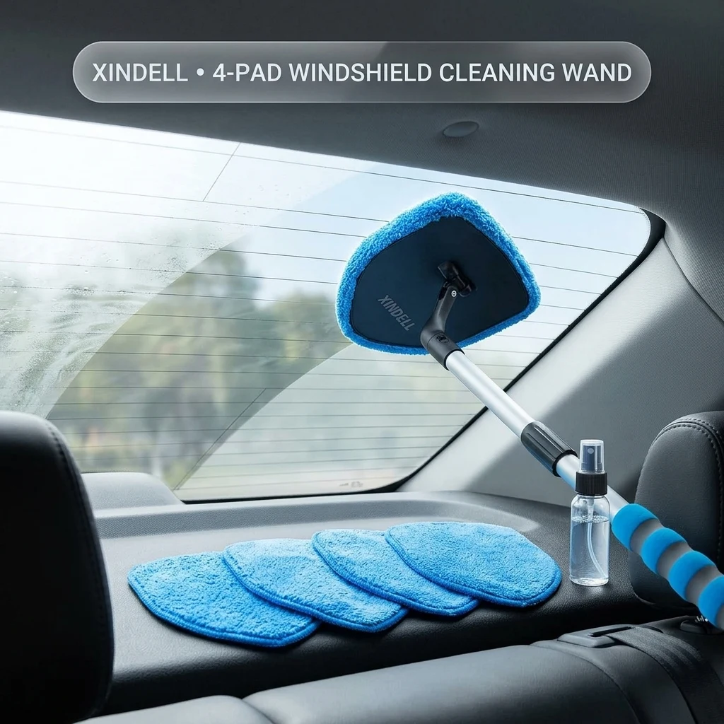 XINDELL Interior Windshield Cleaner Tool, Car Window Cleaning Kit with 4 Reusable Microfiber Pads, Extendable Handle & 360° R product photo, view 1 of 7