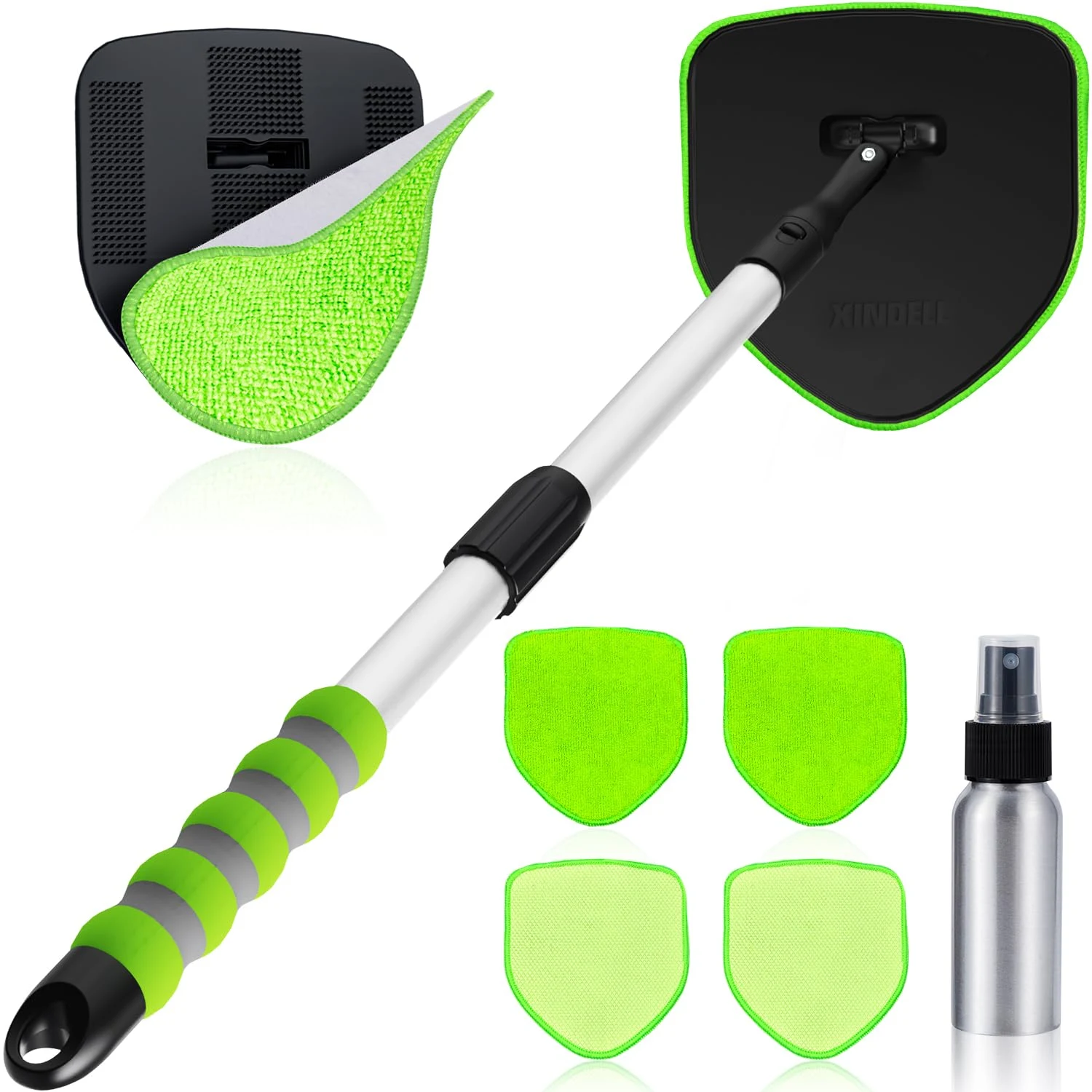 XINDELL Interior Windshield Cleaner Tool, Car Window Cleaning Kit with 4 Reusable Microfiber Pads, Extendable Handle & 360° R product photo, view 2 of 7