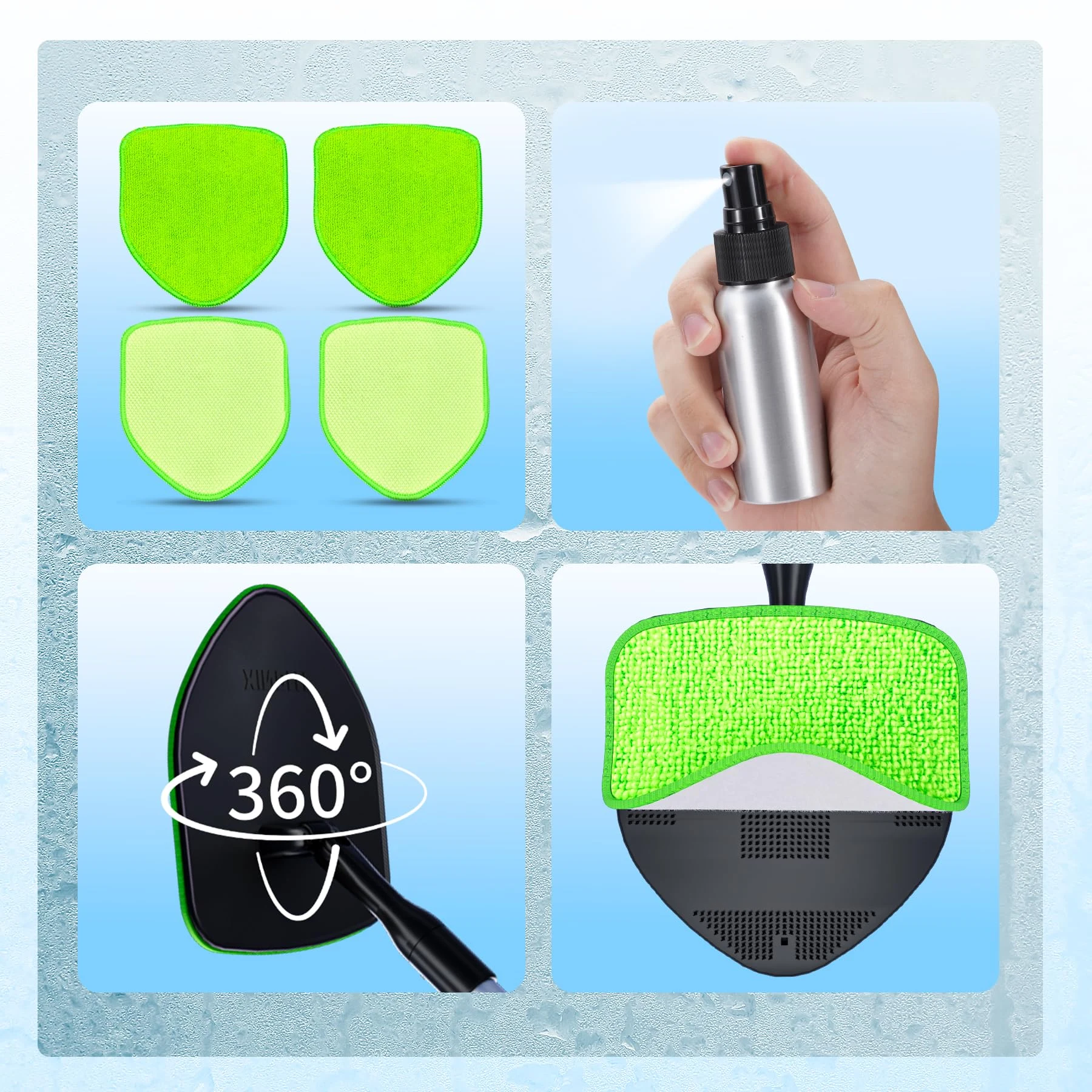 XINDELL Interior Windshield Cleaner Tool, Car Window Cleaning Kit with 4 Reusable Microfiber Pads, Extendable Handle & 360° R product photo, view 7 of 7