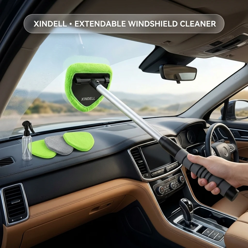 XINDELL Interior Windshield Cleaner Tool – Car Interior Window Cleaning Kit with Extendable Handle & 4 Microfiber Pads, Auto product photo, view 1 of 7