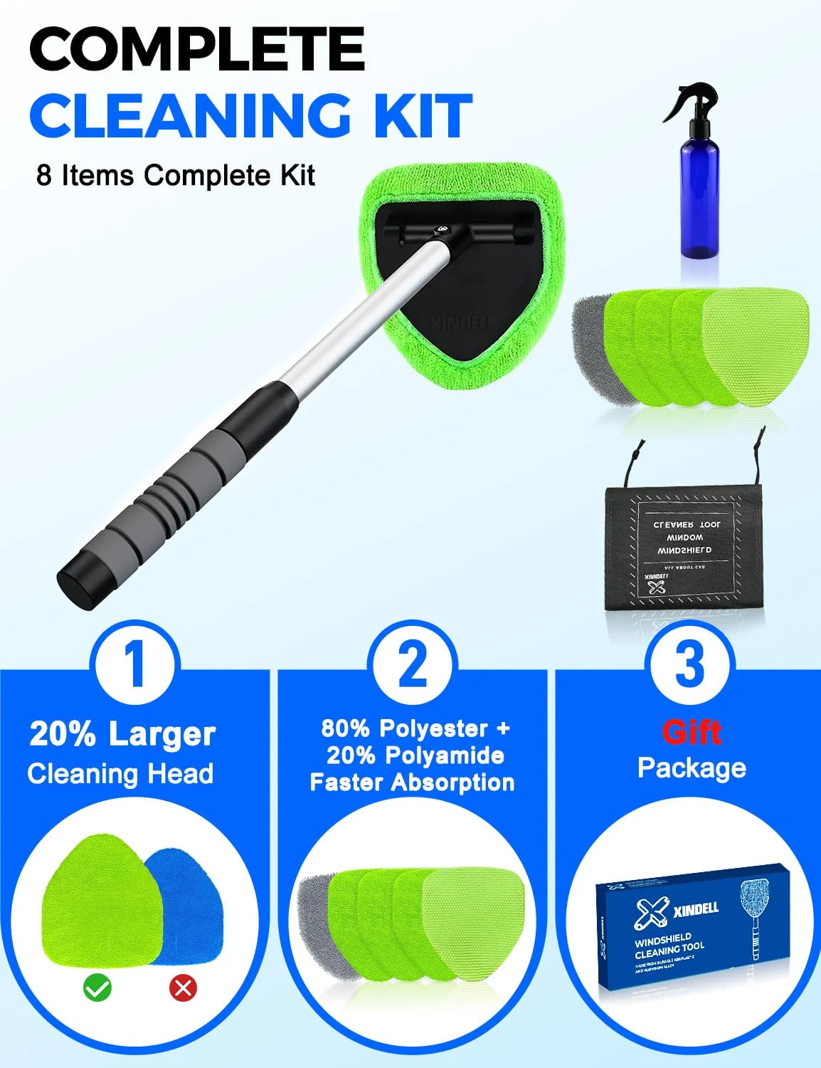 XINDELL Interior Windshield Cleaner Tool – Car Interior Window Cleaning Kit with Extendable Handle & 4 Microfiber Pads, Auto product photo, view 3 of 7