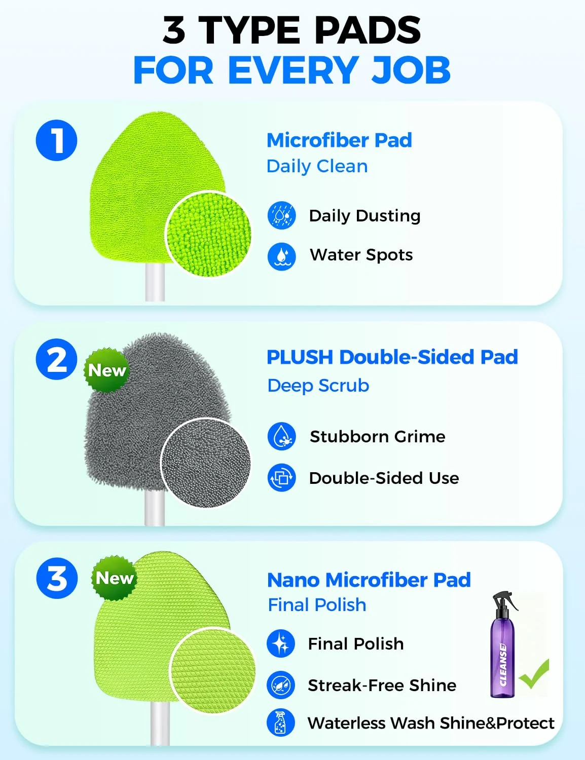 XINDELL Interior Windshield Cleaner Tool – Car Interior Window Cleaning Kit with Extendable Handle & 4 Microfiber Pads, Auto product photo, view 5 of 7
